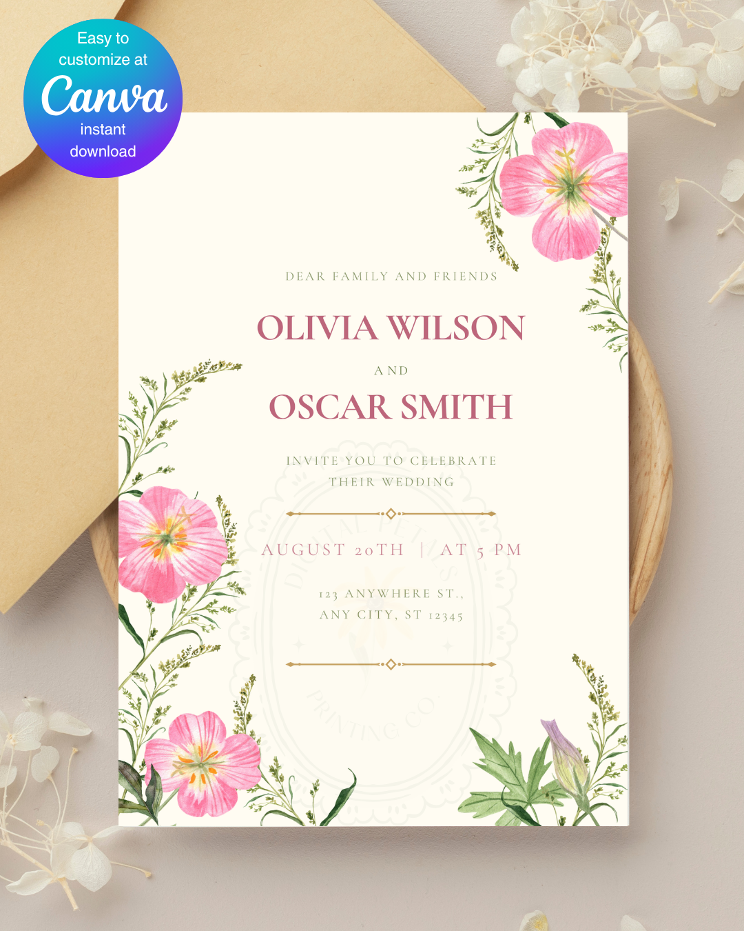 Dusty Rose & Blush Pink Primrose Wildflower Wedding Invitation | Minimalist Printable Invite | Digital Download