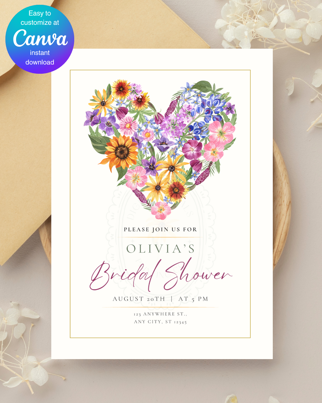 Boho Wildflower Heart Bridal Shower Invitation — Editable Digital Download Template