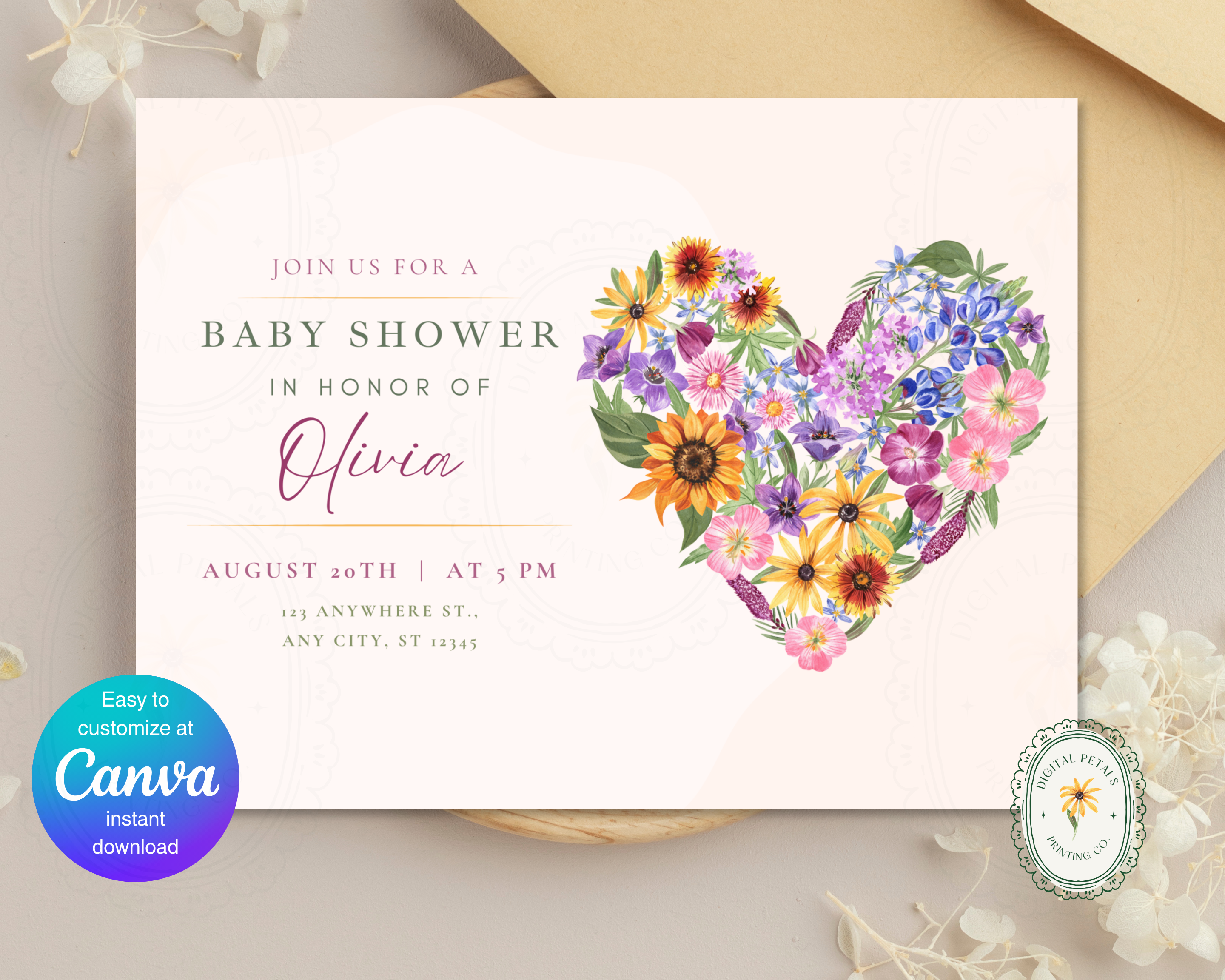 Lavender Cream Spring Heart Baby Shower Landscape Invitation | Floral Digital Download | Canva Editable