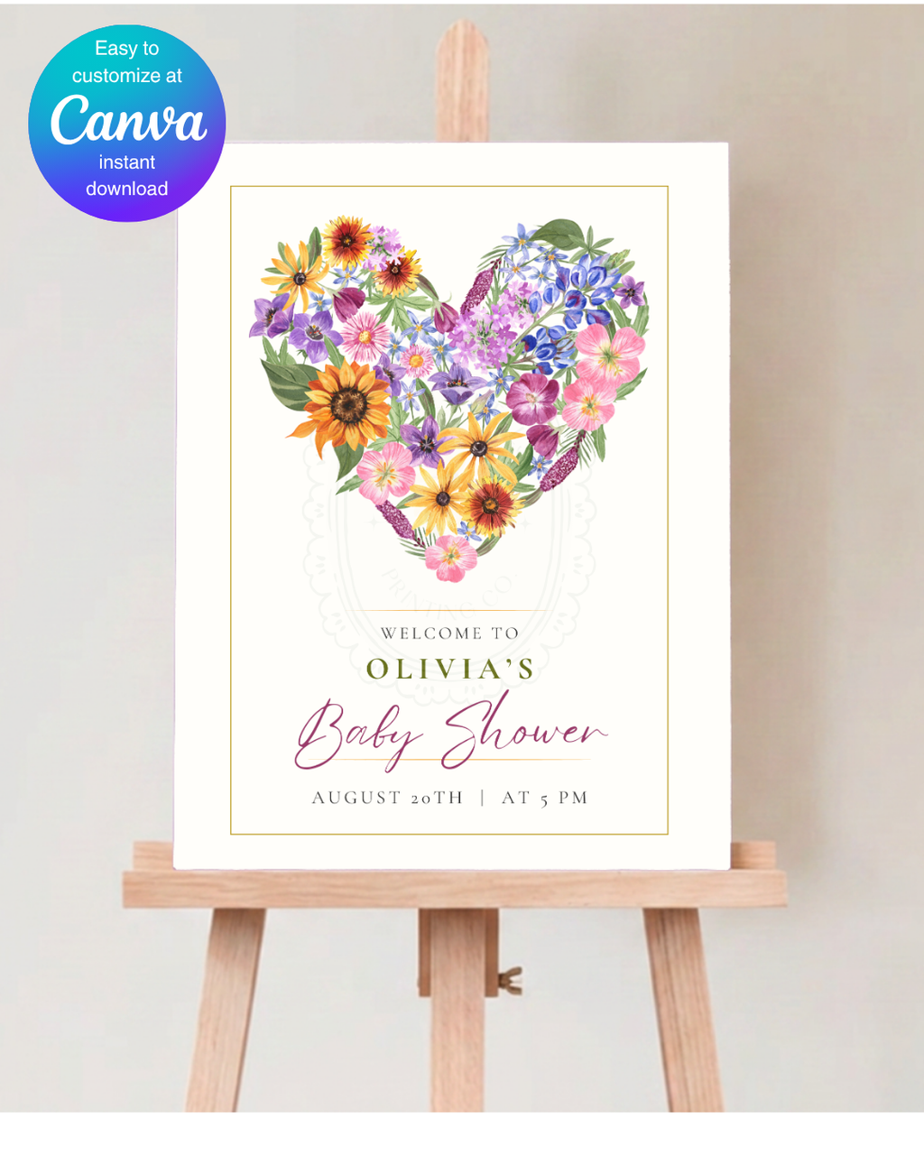 Wildflower Heart Baby Shower Welcome Sign | Editable Canva Template | Instant Digital Download
