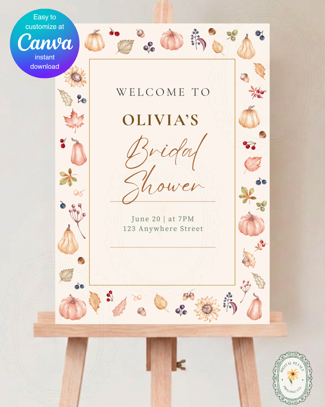 Autumn Harvest Wildflowers Bridal Shower Welcome Sign Template | Editable Canva Digital Download