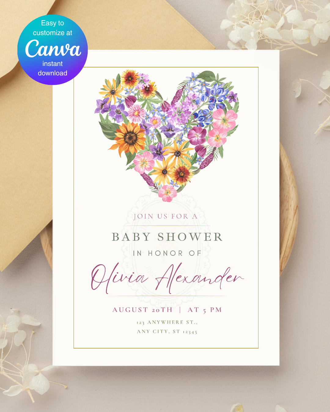 Wildflower Heart Baby Shower Invitation — Editable Digital Download Template