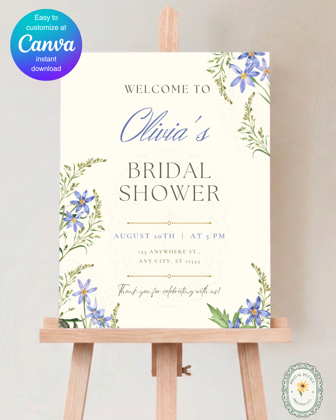Powder Blue Wildflower Bridal Shower Welcome Sign | Editable Canva Template | Digital Download