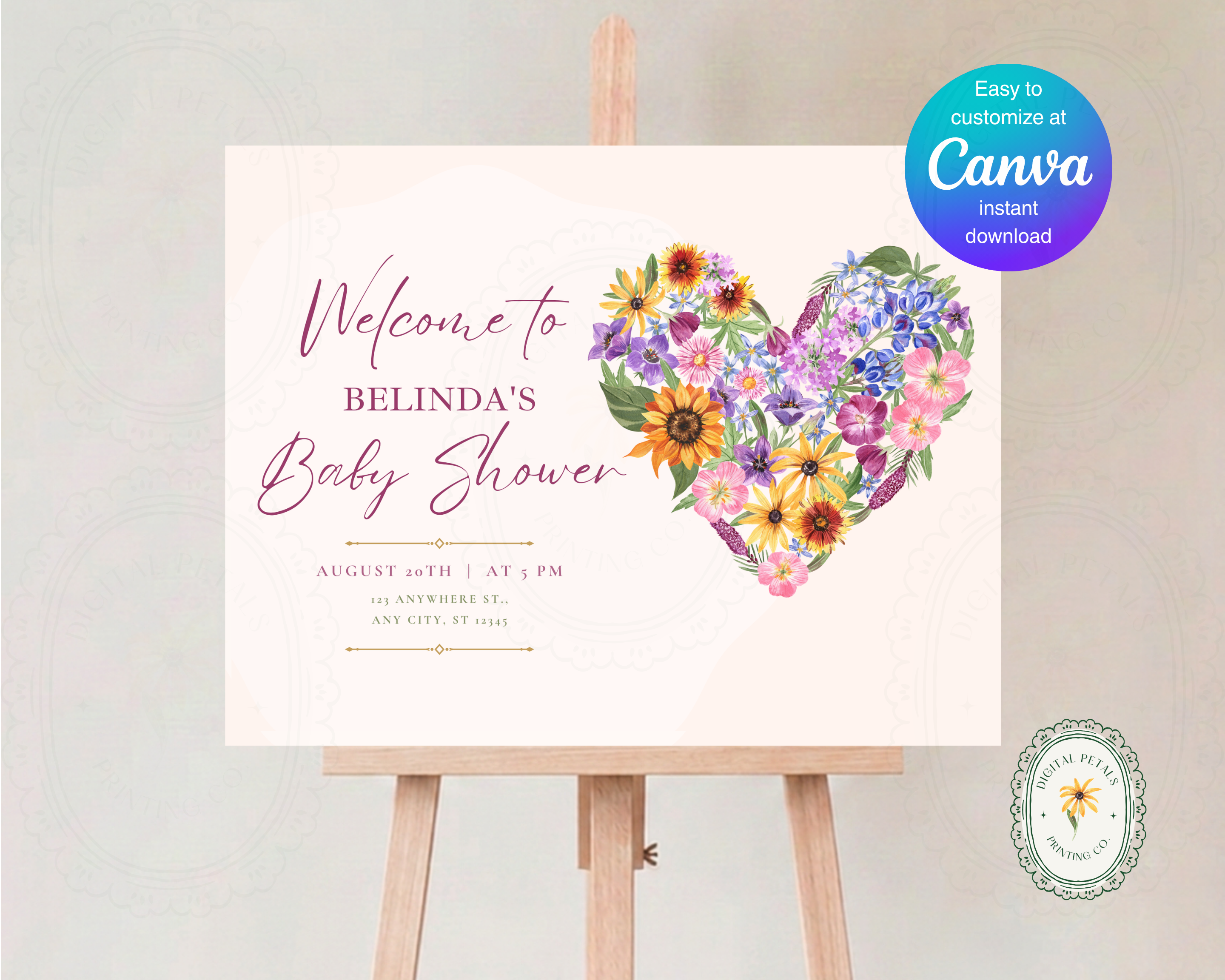 Wildflower Baby Shower Welcome Sign | Boho Floral Heart Border | Editable Canva Digital Download | Print at Home