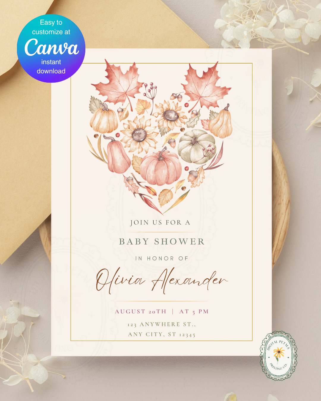 Burgundy Fall Leaves Baby Shower Invitation Template | Editable Canva Digital Download