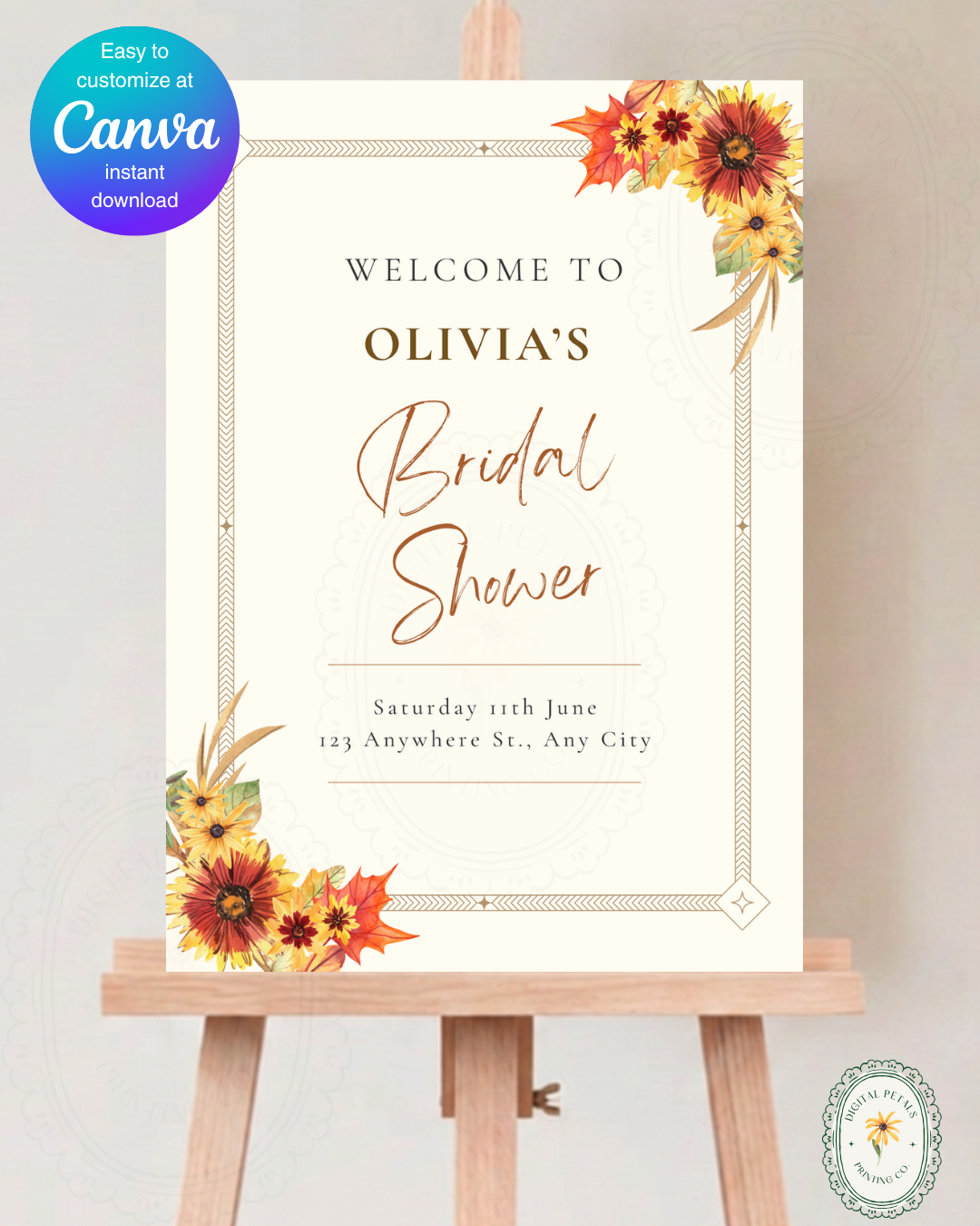 Rustic Fall Wildflowers Bridal Shower Welcome Sign Template | Hand Painted Cottagecore Digital Download