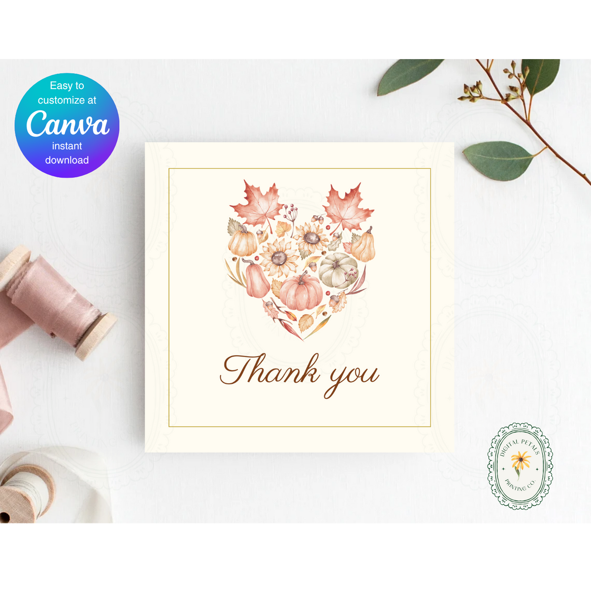 Fall Leaves Thank You Card Template | Editable Canva Digital Download