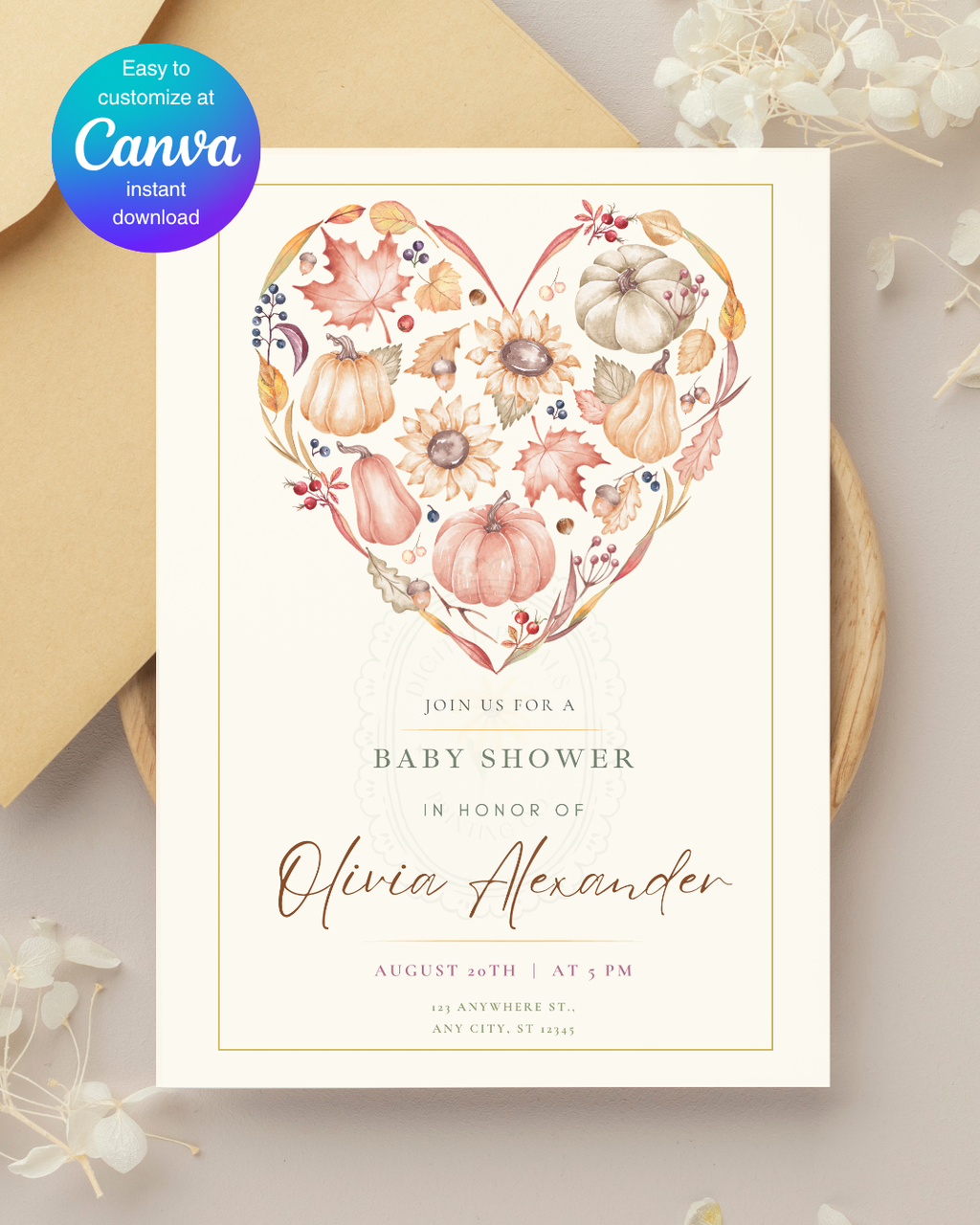 Autumn Heart Baby Shower Invitation | Printable Floral Invite | Digital Download