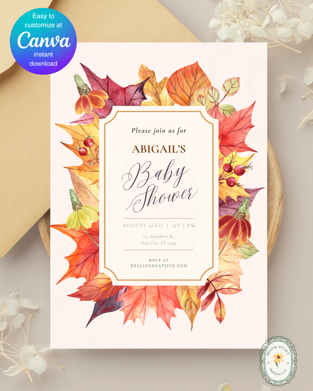 Autumn Harvest Wildflower Boho Baby Shower Invitation | Digital Download | Canva Editable