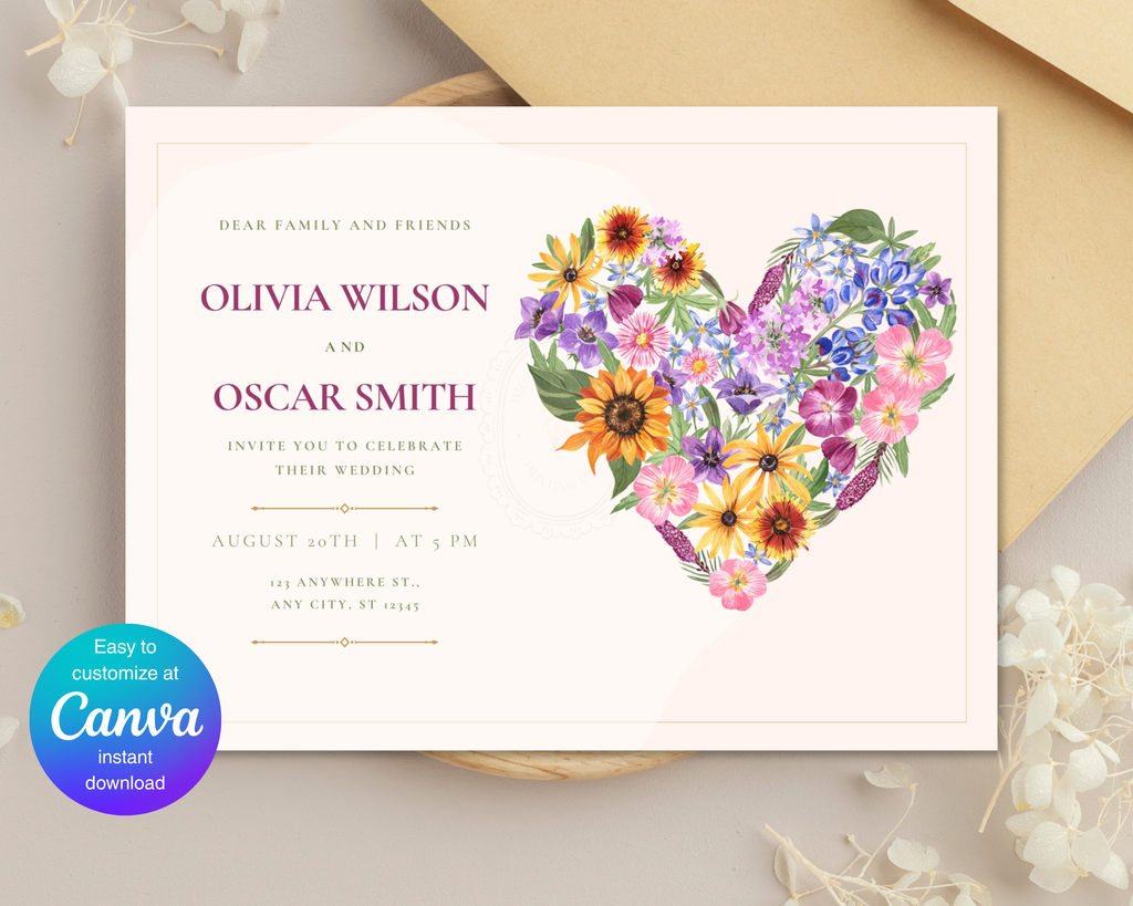 Lavender Wildflower Spring Heart Wedding Invitation | Floral Landscape Digital Download | Canva Editable