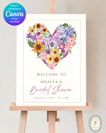 Boho Wildflower Heart Bridal Shower Welcome Sign | Editable Canva Template | Digital Download