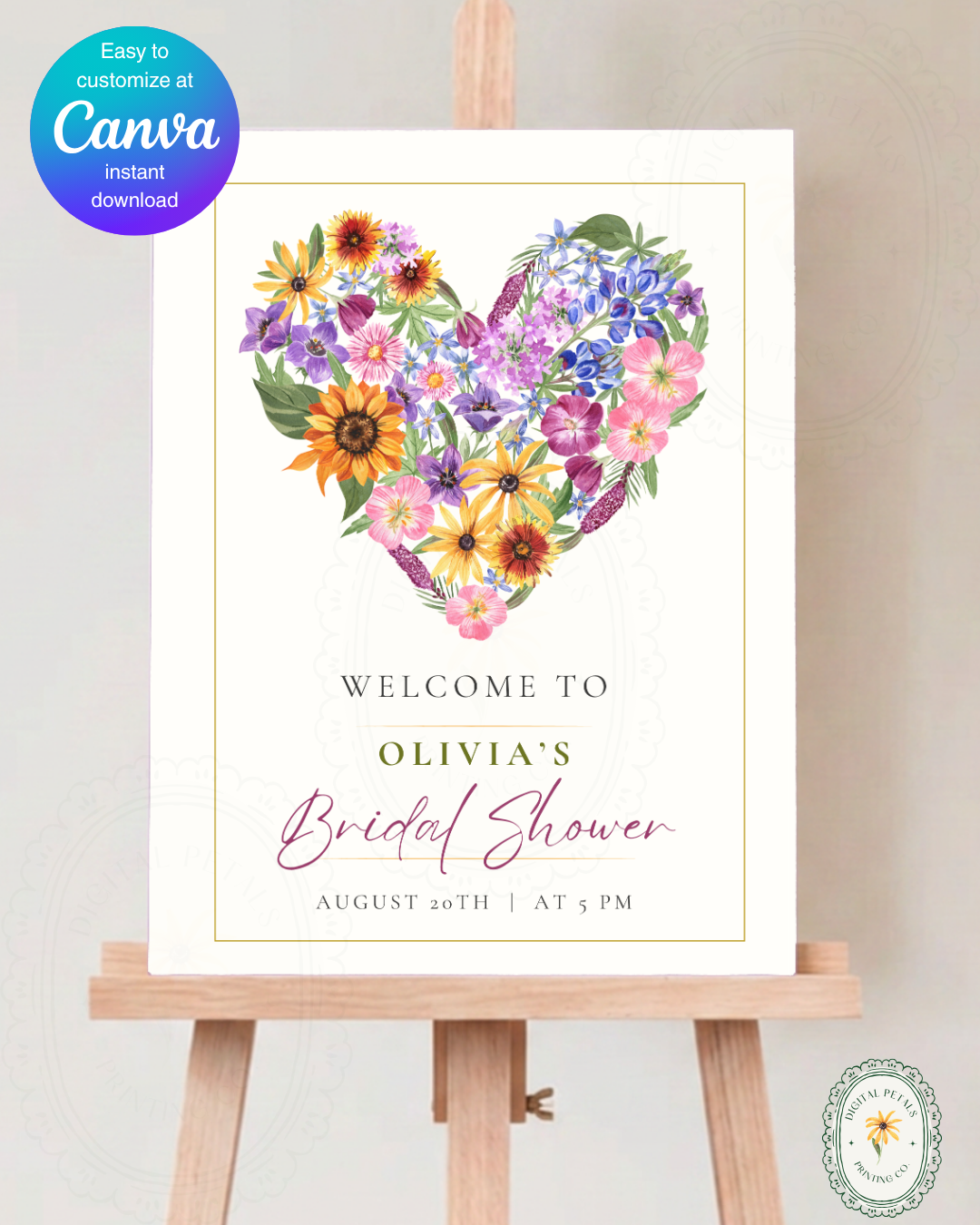 Boho Wildflower Heart Bridal Shower Welcome Sign | Editable Canva Template | Digital Download