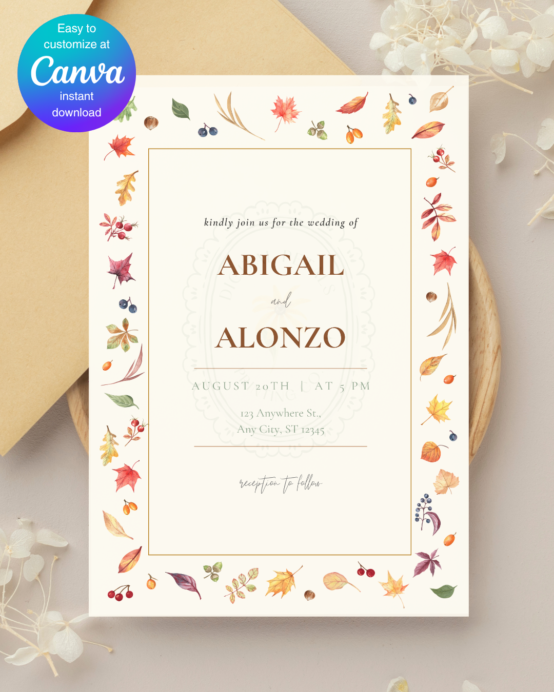 Fall Leaves Wedding Invitation Template | Terracotta & Cream | Digital Download