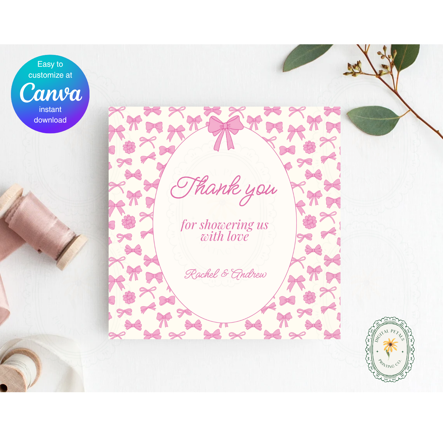 Pink Ribbons & Bows Baby Shower Thank You Card Template | Editable Canva Digital Download