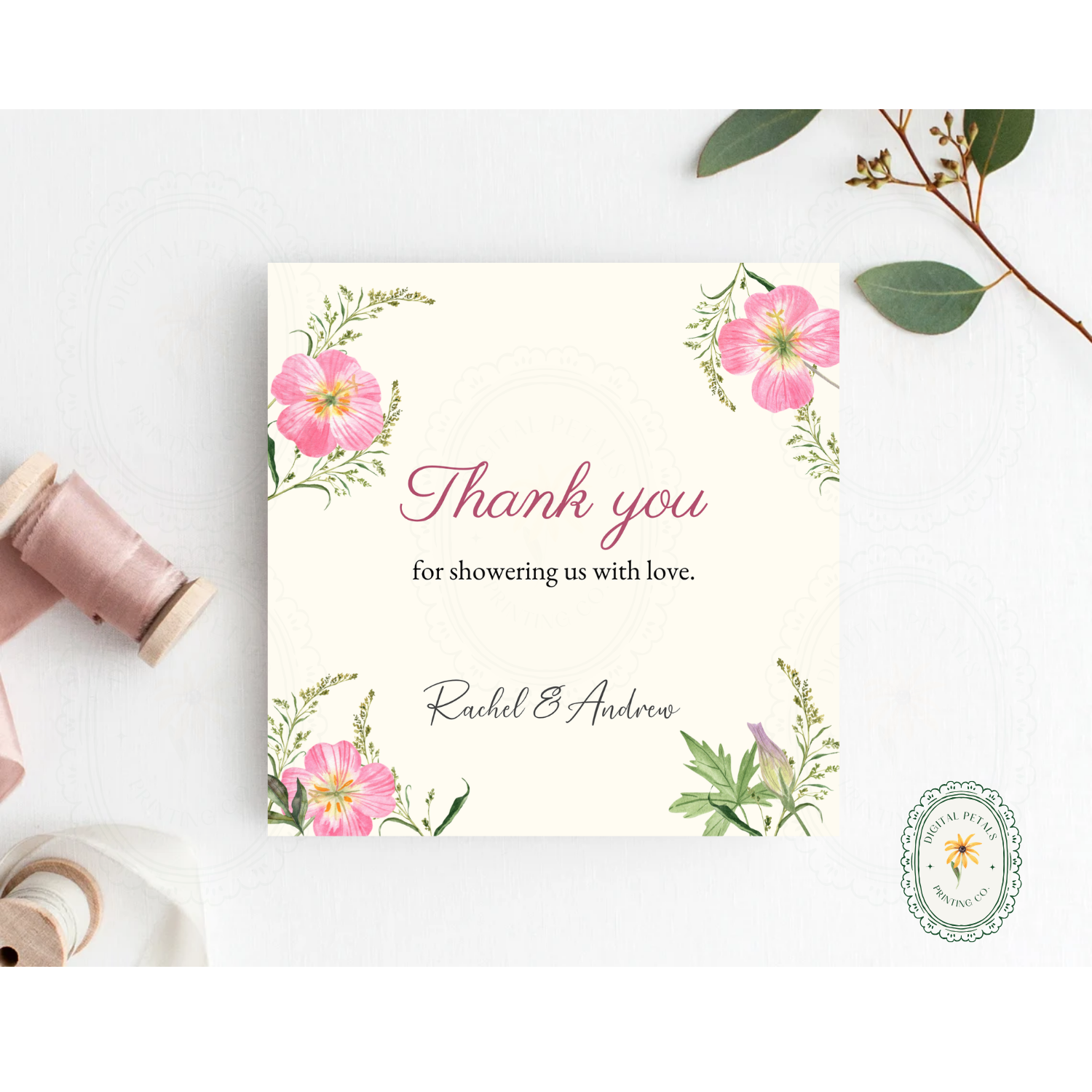 Dusty Rose & Blush Wildflower Thank You Card Template | Editable Canva Digital Download