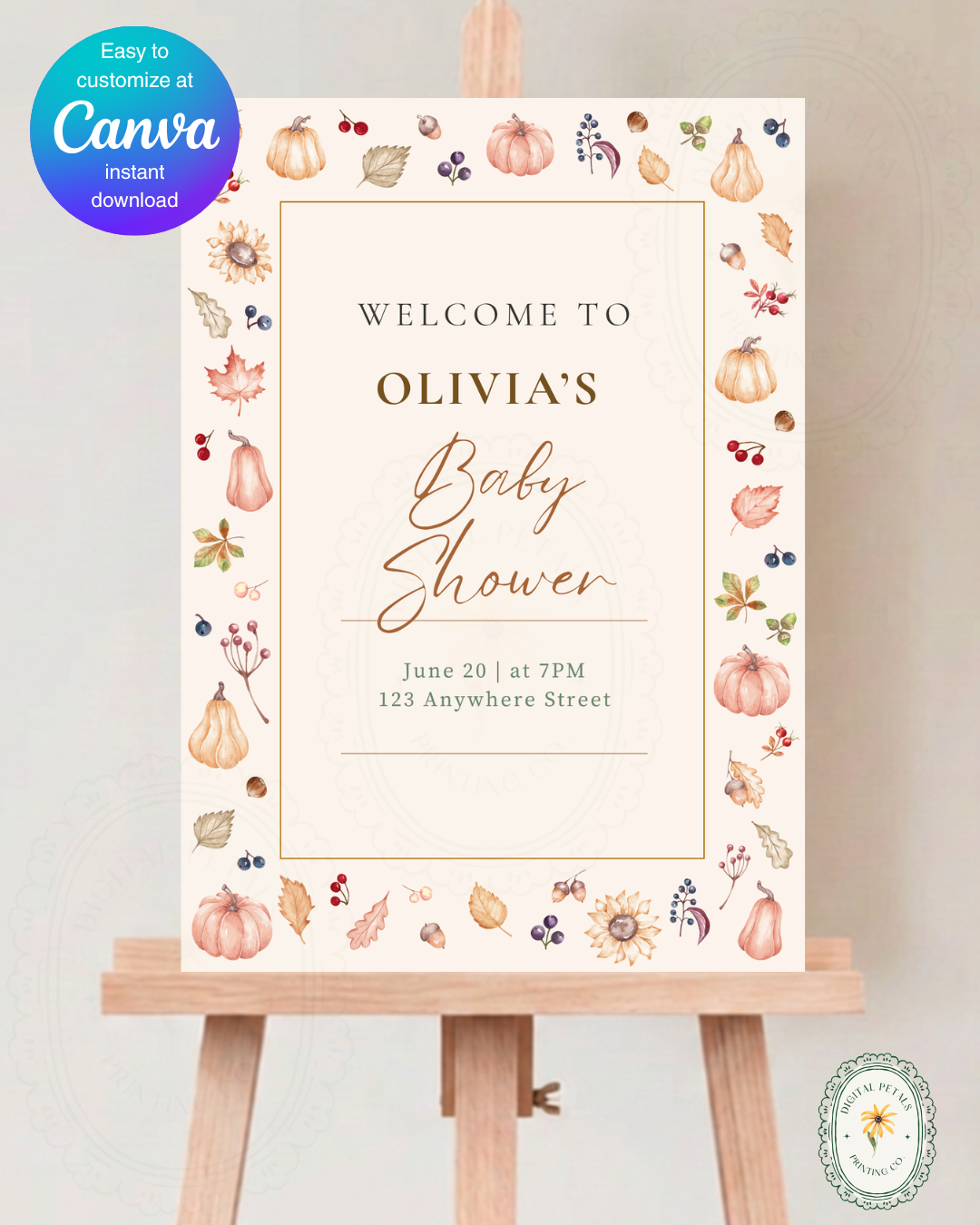Autumn Harvest Wildflowers Baby Shower Welcome Sign Template | Editable Canva Digital Download