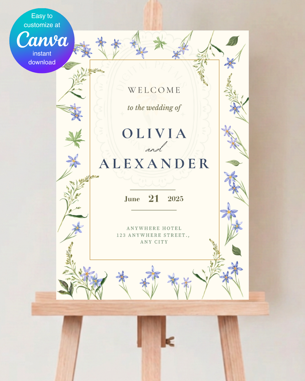 Dusty Blue Floral Botanical Wedding Welcome Sign | Editable Canva Template | Digital Download