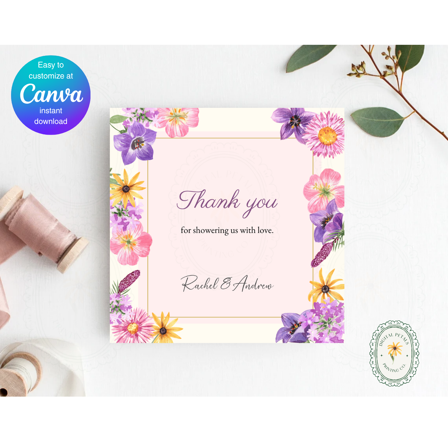 Pink Cottagecore Wildflower Thank You Card Template | Editable Canva Digital Download