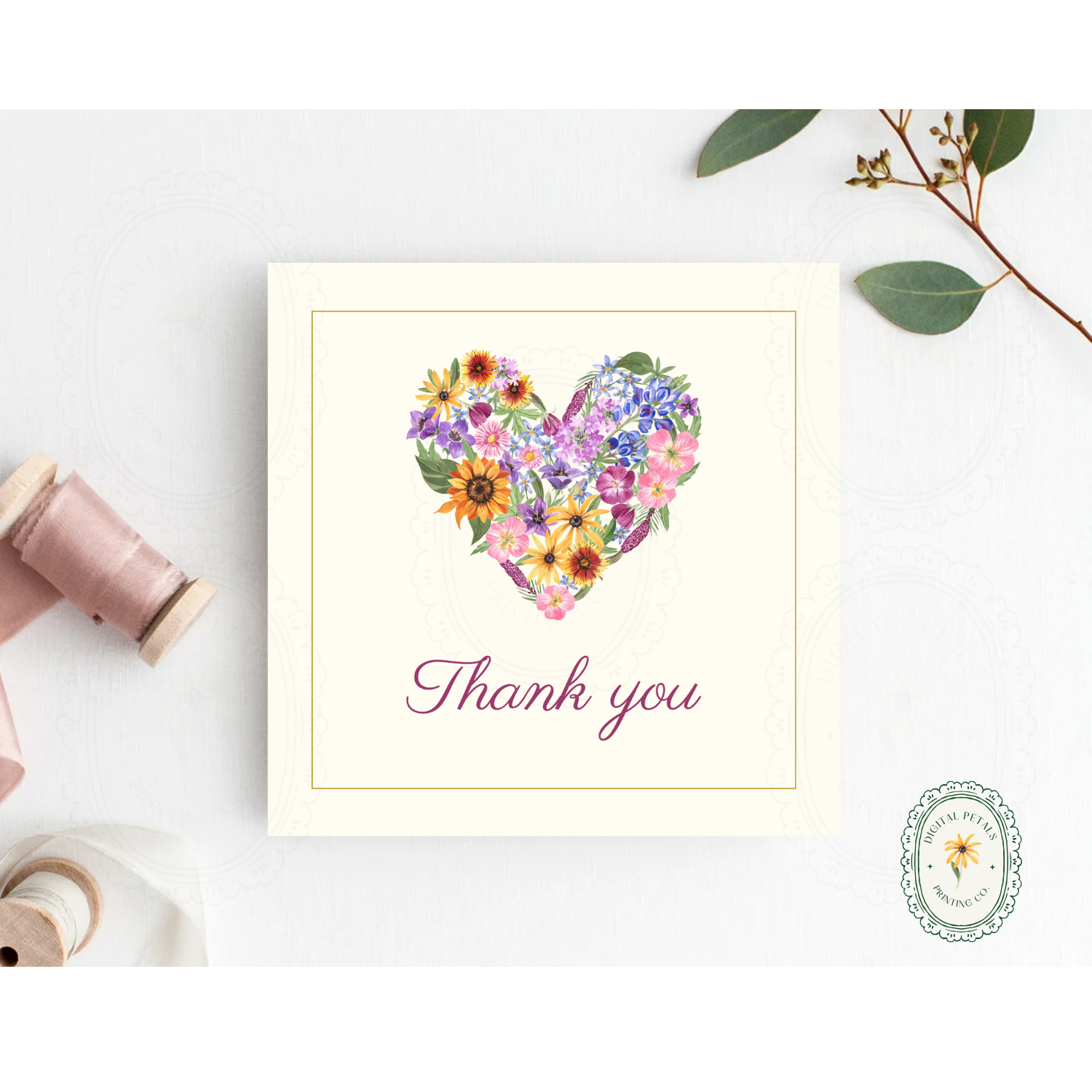 Lavender & Cream Spring Heart Thank You Card Template | Editable Canva Digital Download