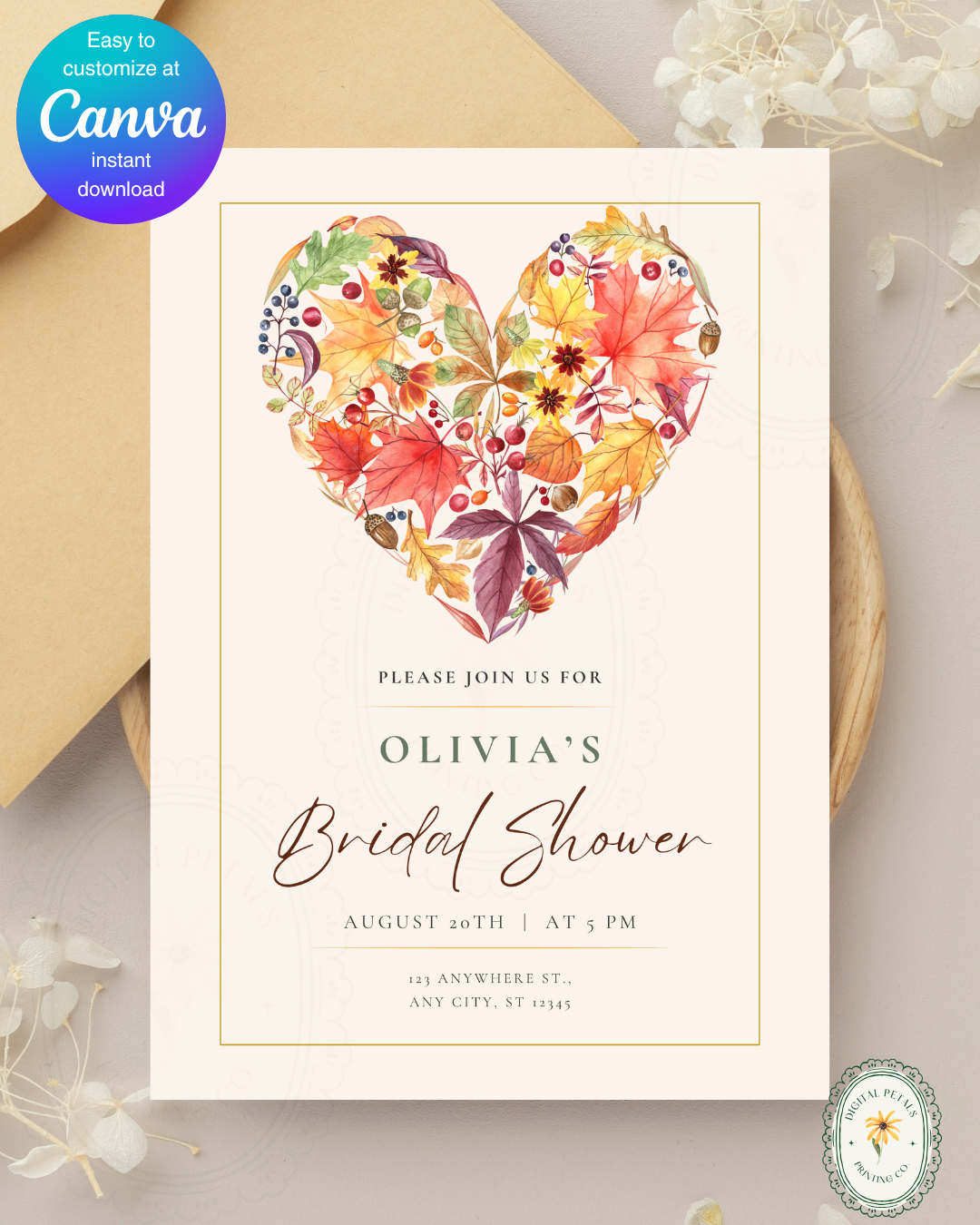 Terracotta & Rust Fall Heart Bridal Shower Invitation — Editable Digital Download Template