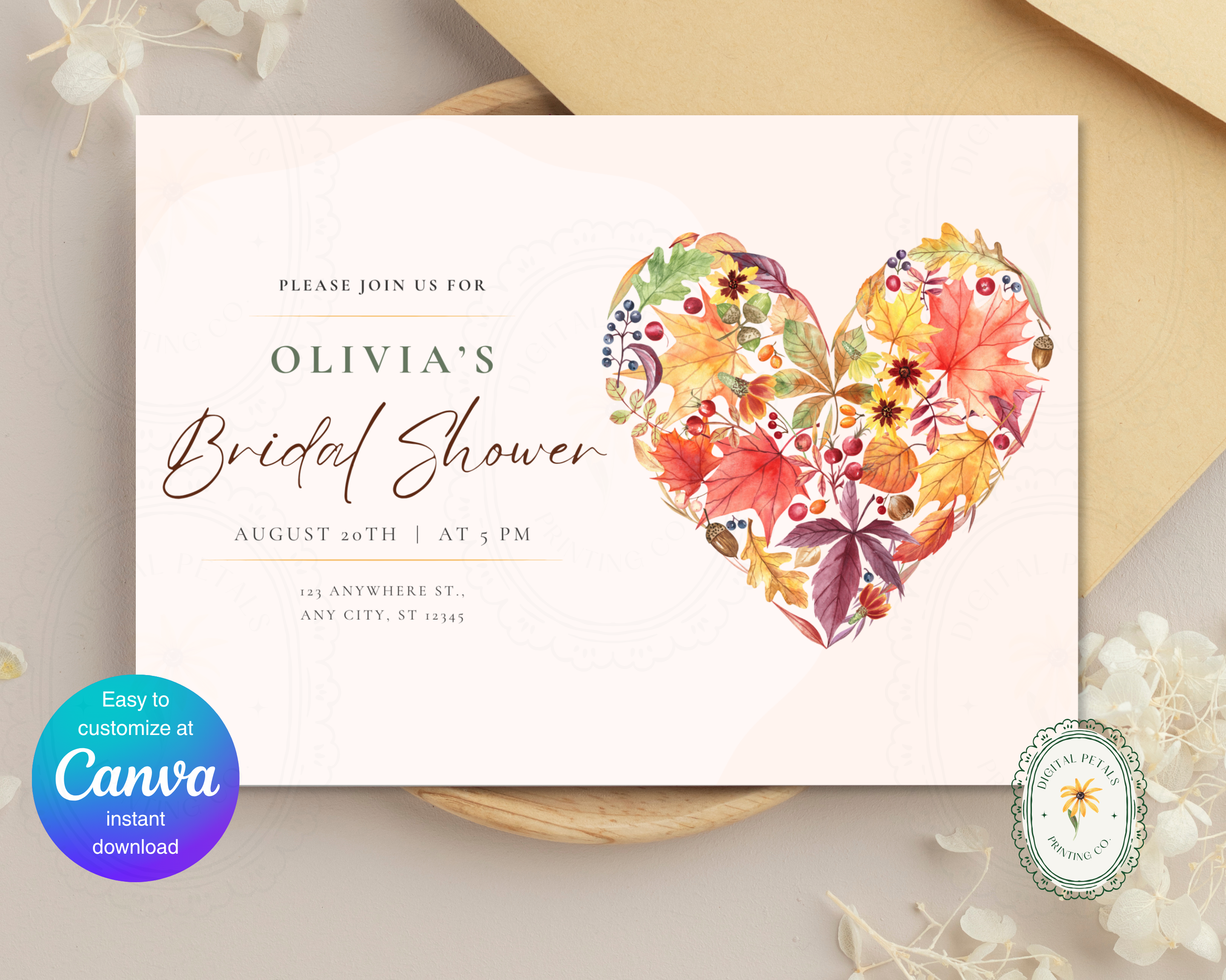 Amber Fall Heart Bridal Shower Invitation | Printable Landscape Template | Digital Download