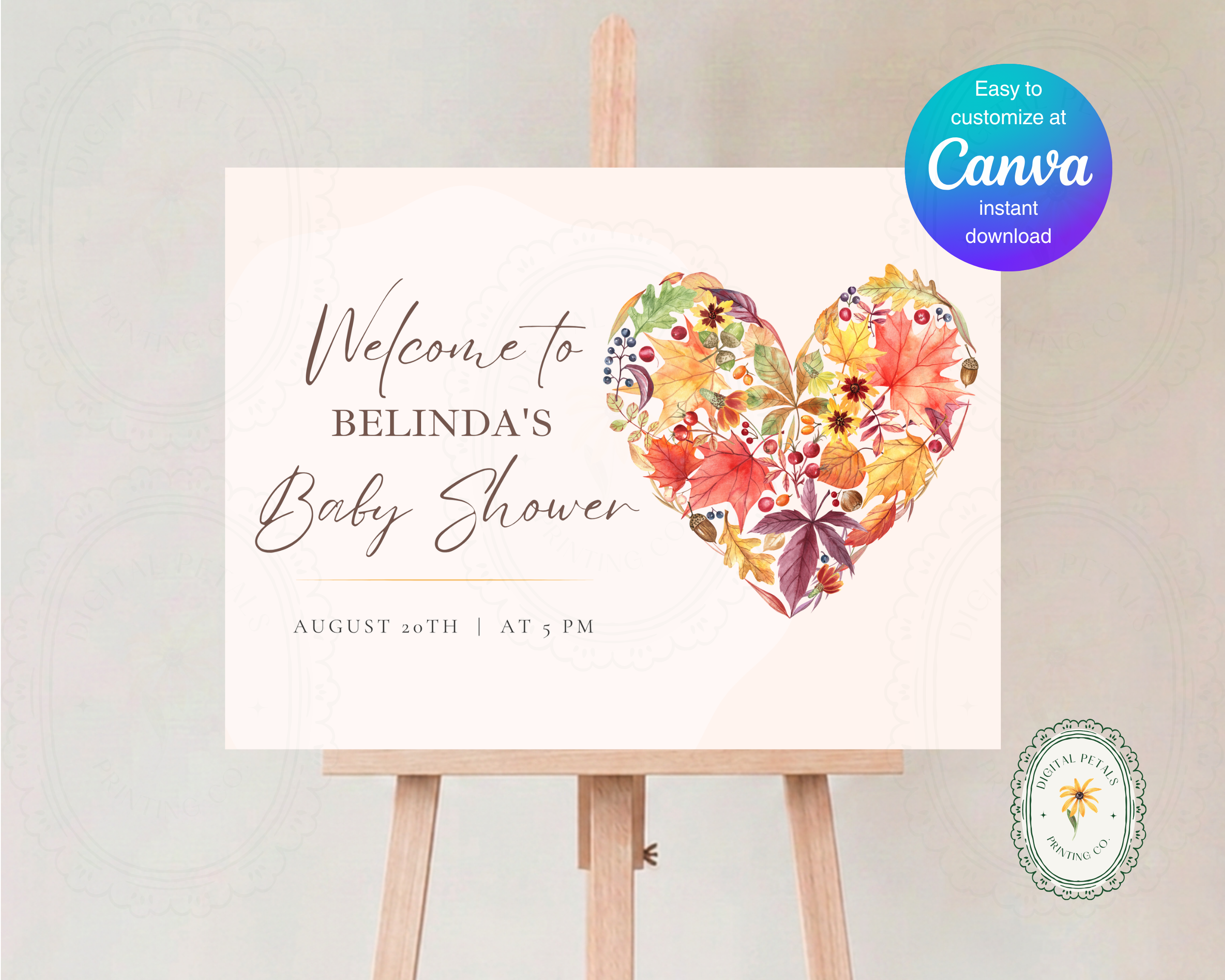 Fall Wildflower Baby Shower Welcome Sign | Boho Heart Border | Editable Canva Digital Download | Print at Home