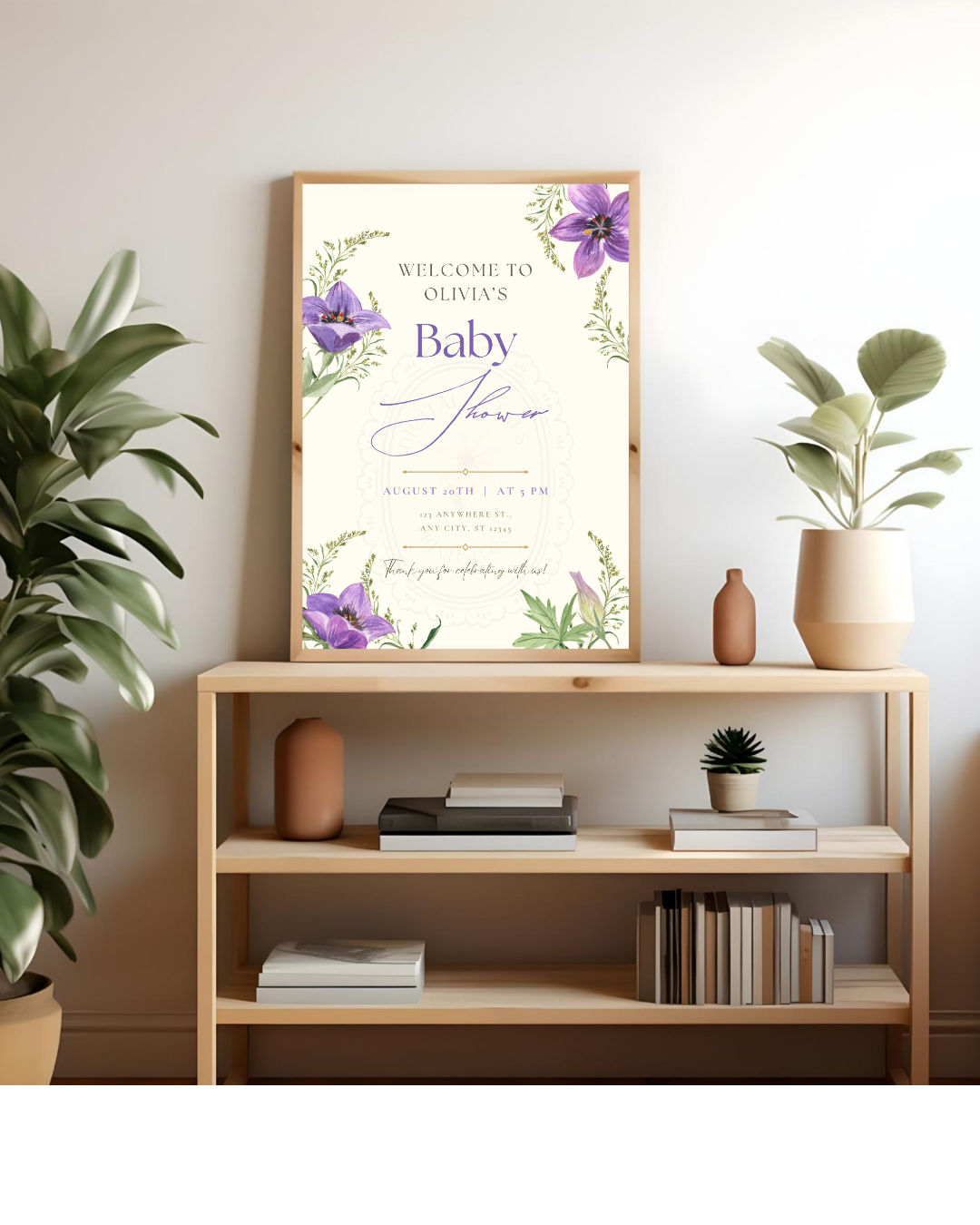 Violet & Periwinkle Wildflower Baby Shower Welcome Sign | Editable Canva Template | Digital Download