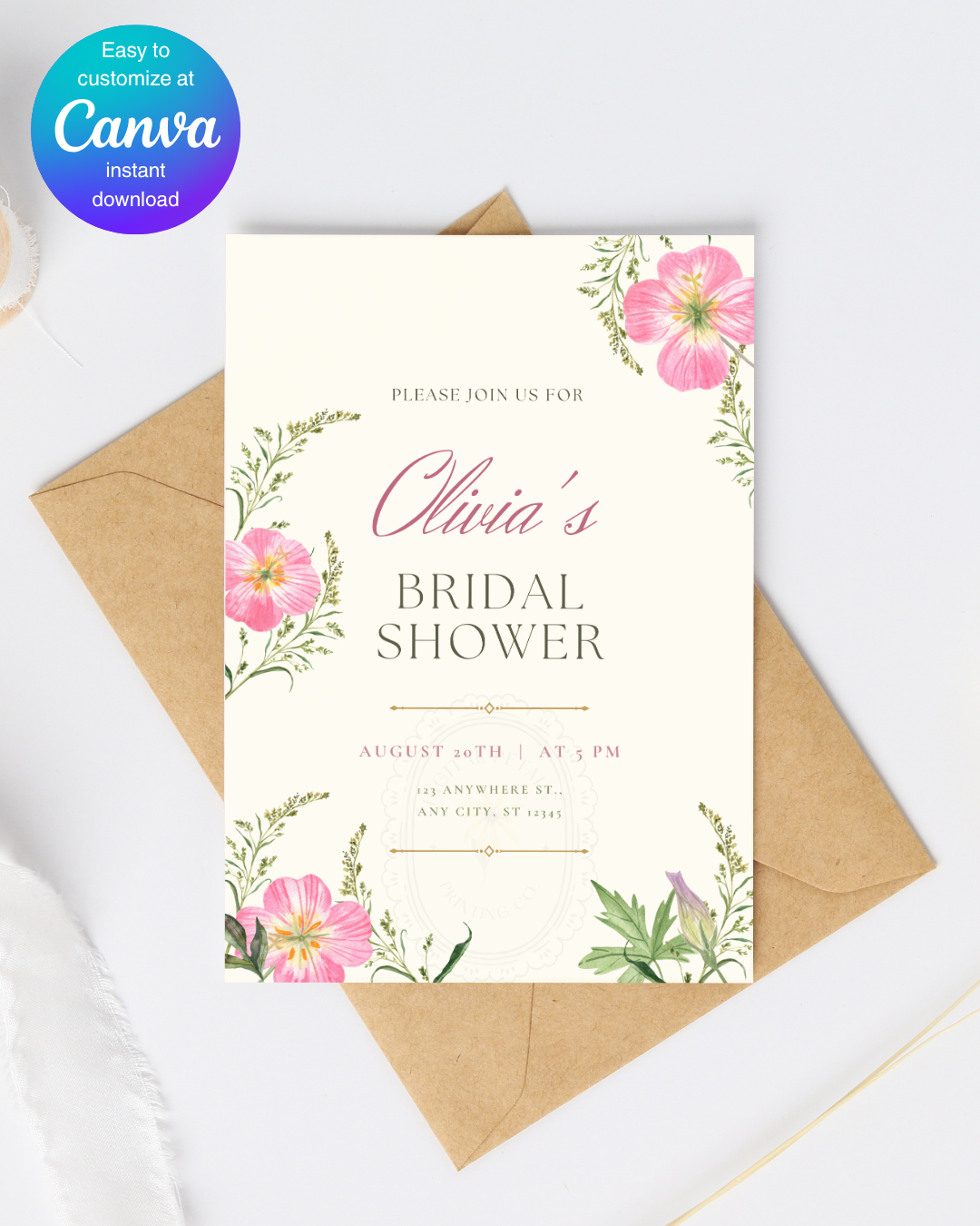 Dusty Rose & Blush Pink Wildflower Bridal Shower Invitation | Minimalist Printable Invite | Digital Download