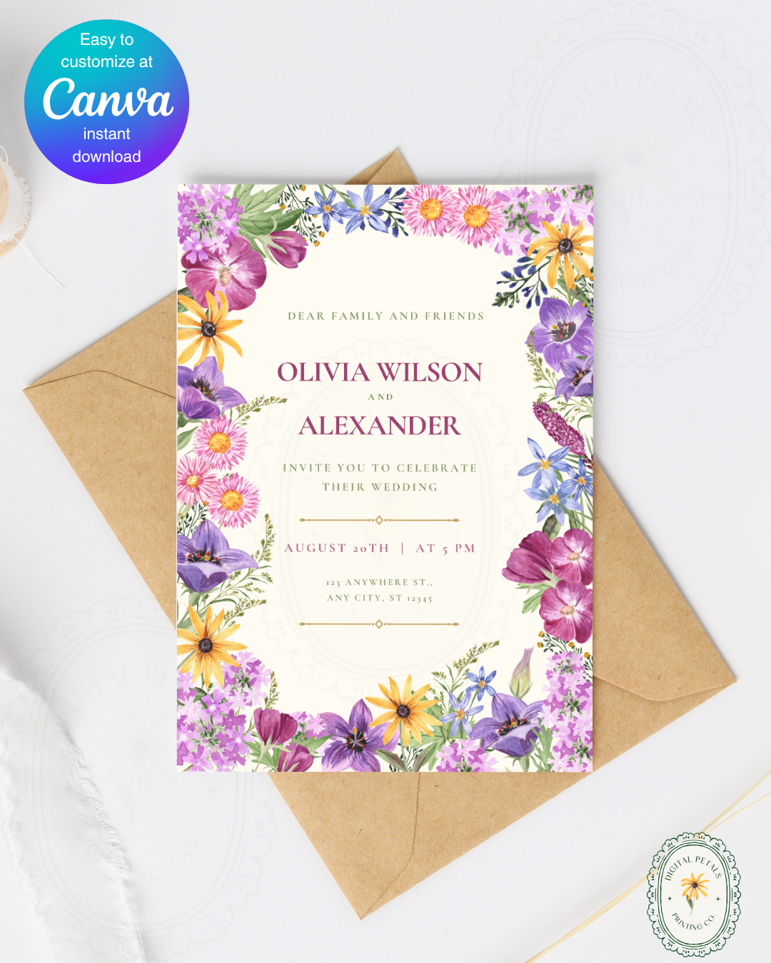 Boho Wildflower Border Wedding Invitation | Printable Botanical Invite | Digital Download