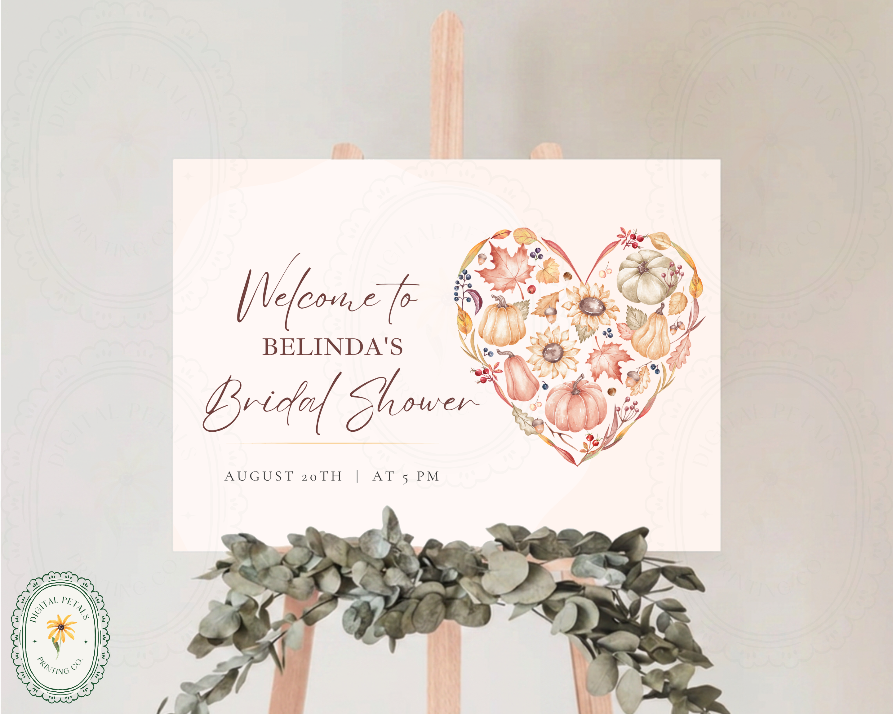 Autumn Bridal Shower Welcome Sign | Rustic Heart Floral Border | Editable Canva Digital Download | Print at Home