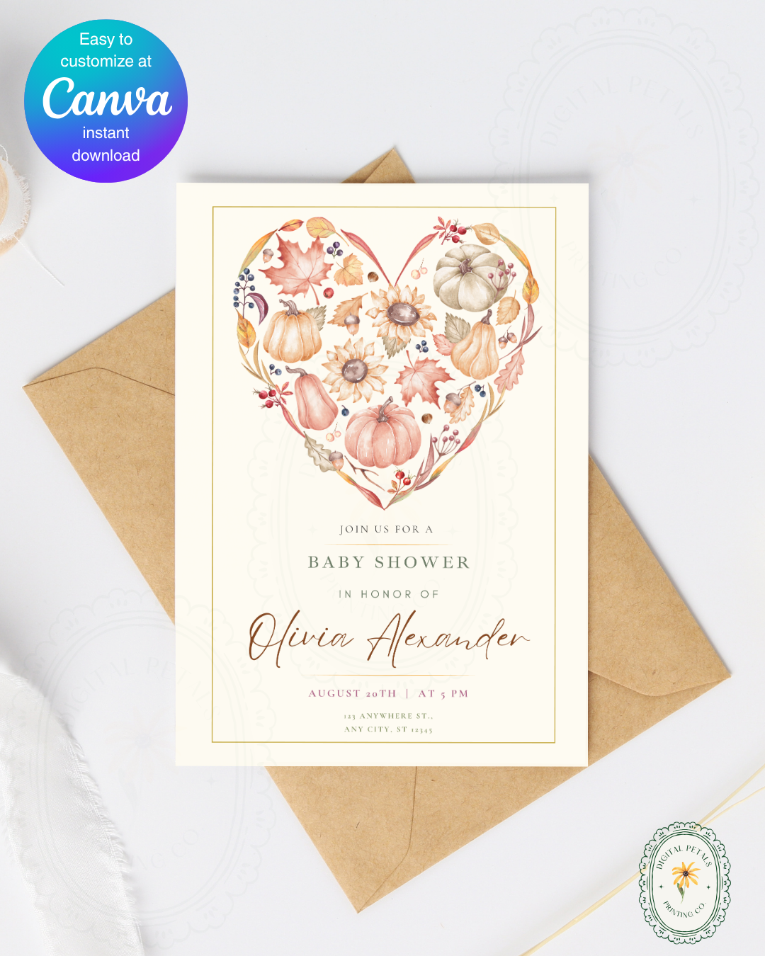 Terracotta & Rust Autumn Heart Baby Shower Invitation | Printable Floral Invite | Digital Download