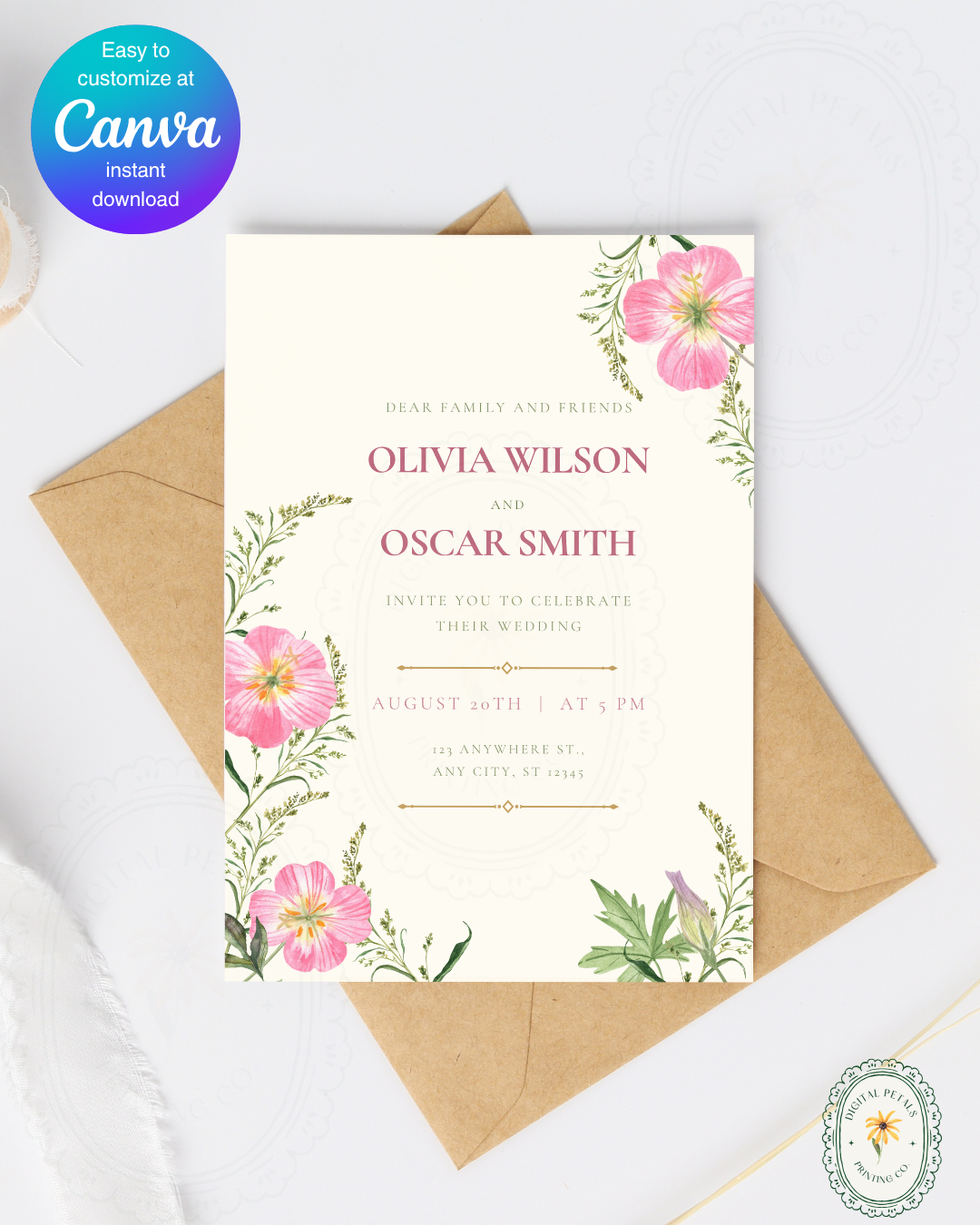 Dusty Rose & Blush Pink Primrose Wildflower Wedding Invitation | Minimalist Printable Invite | Digital Download