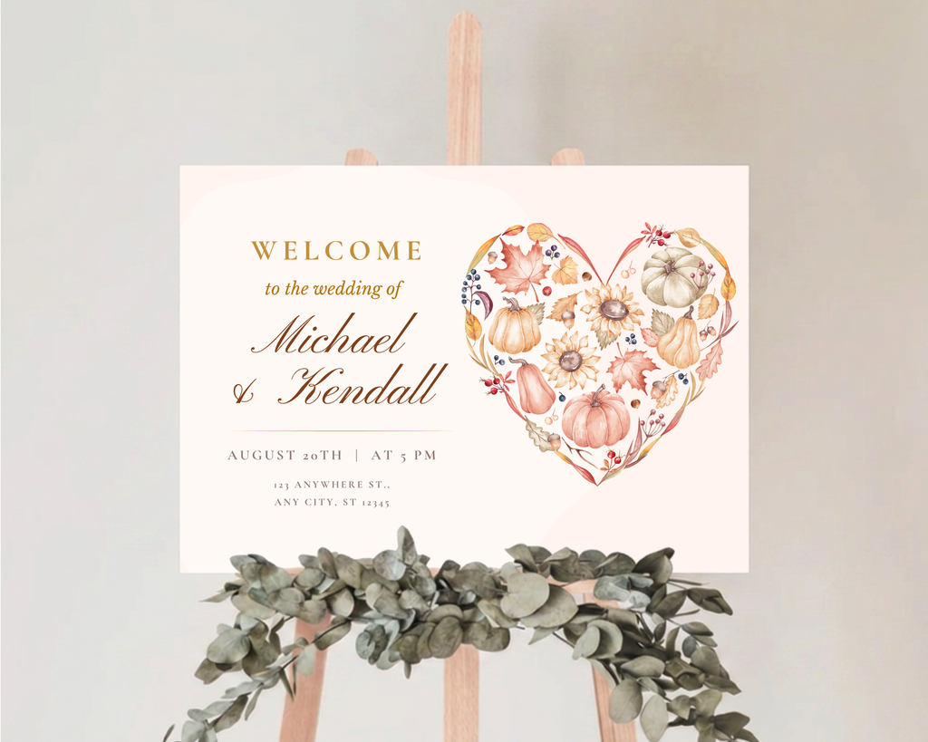 Autumn Wedding Welcome Sign | Rustic Heart Floral Border | Editable Canva Digital Download | Print at Home