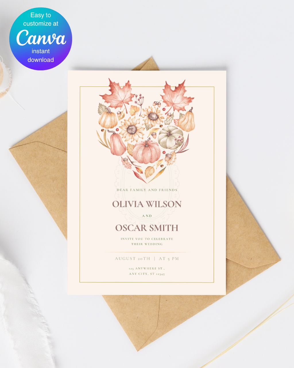 Burgundy Fall Leaves Wedding Invitation Template | Editable Canva Digital Download