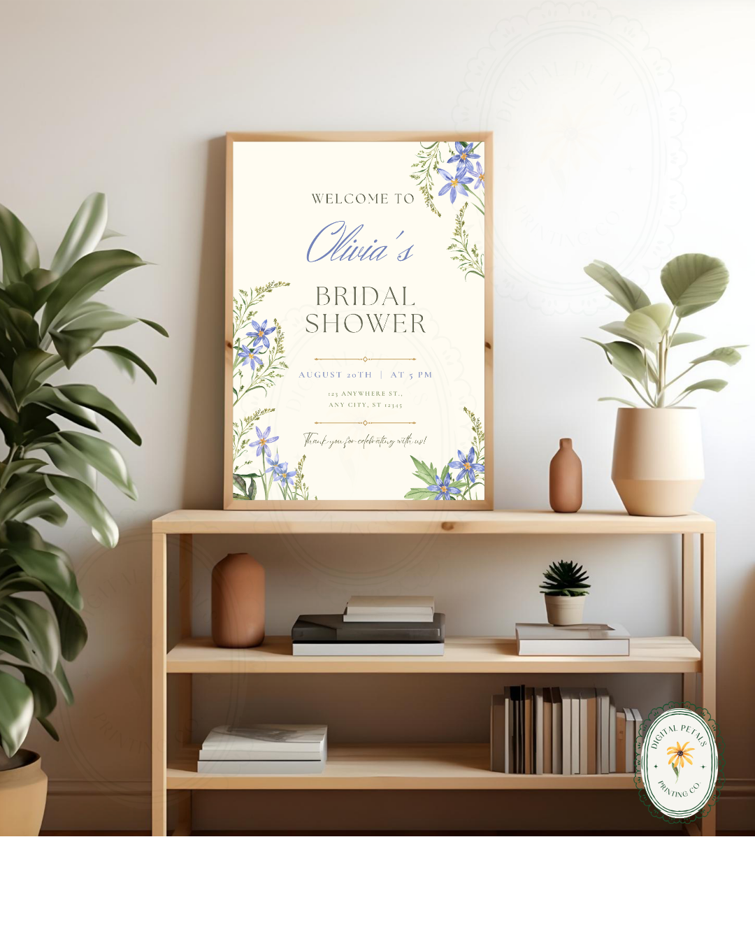 Powder Blue Wildflower Bridal Shower Welcome Sign | Editable Canva Template | Digital Download