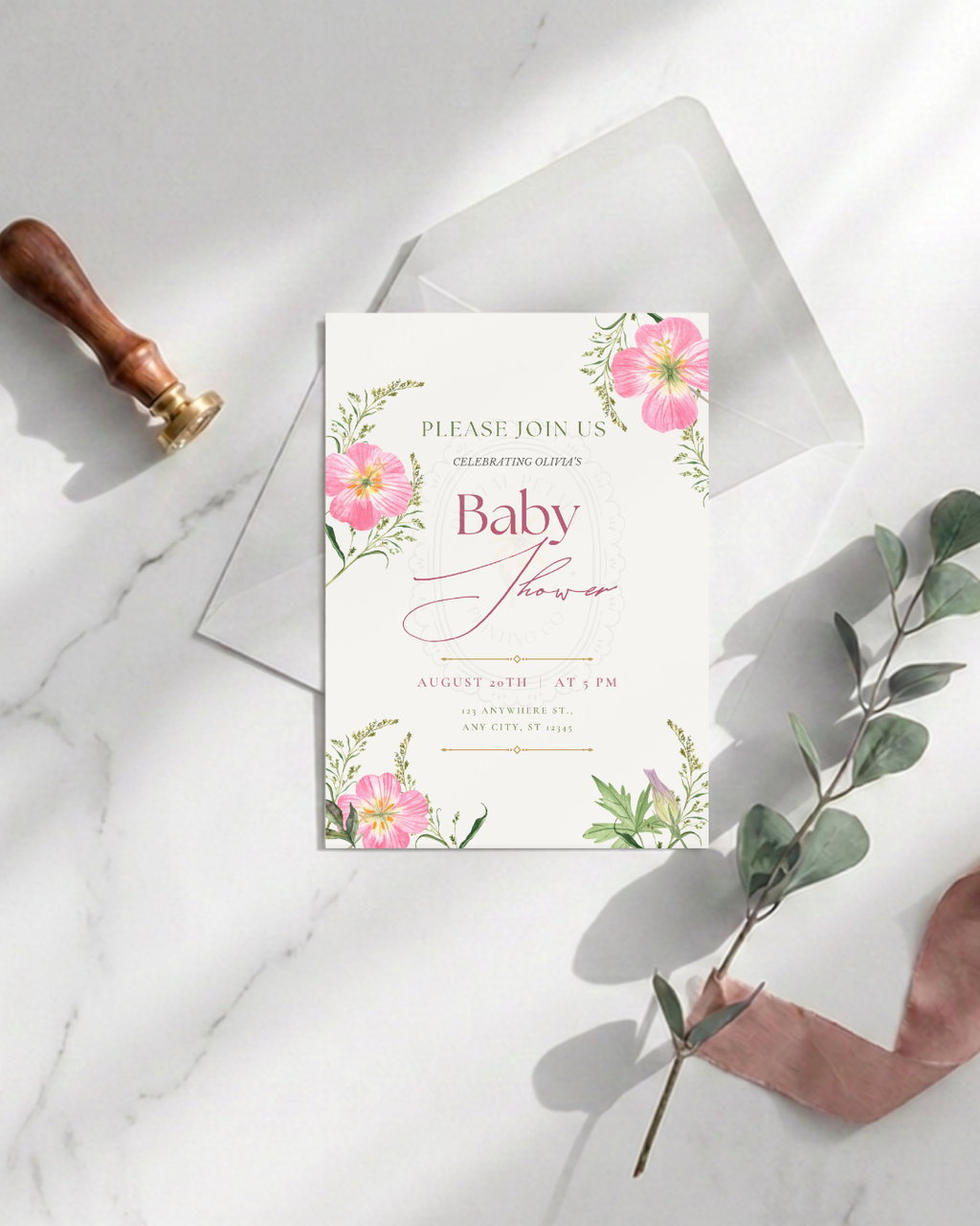 Pink Wildflower Baby Shower Invitation | Minimalist Printable Invite | Digital Download