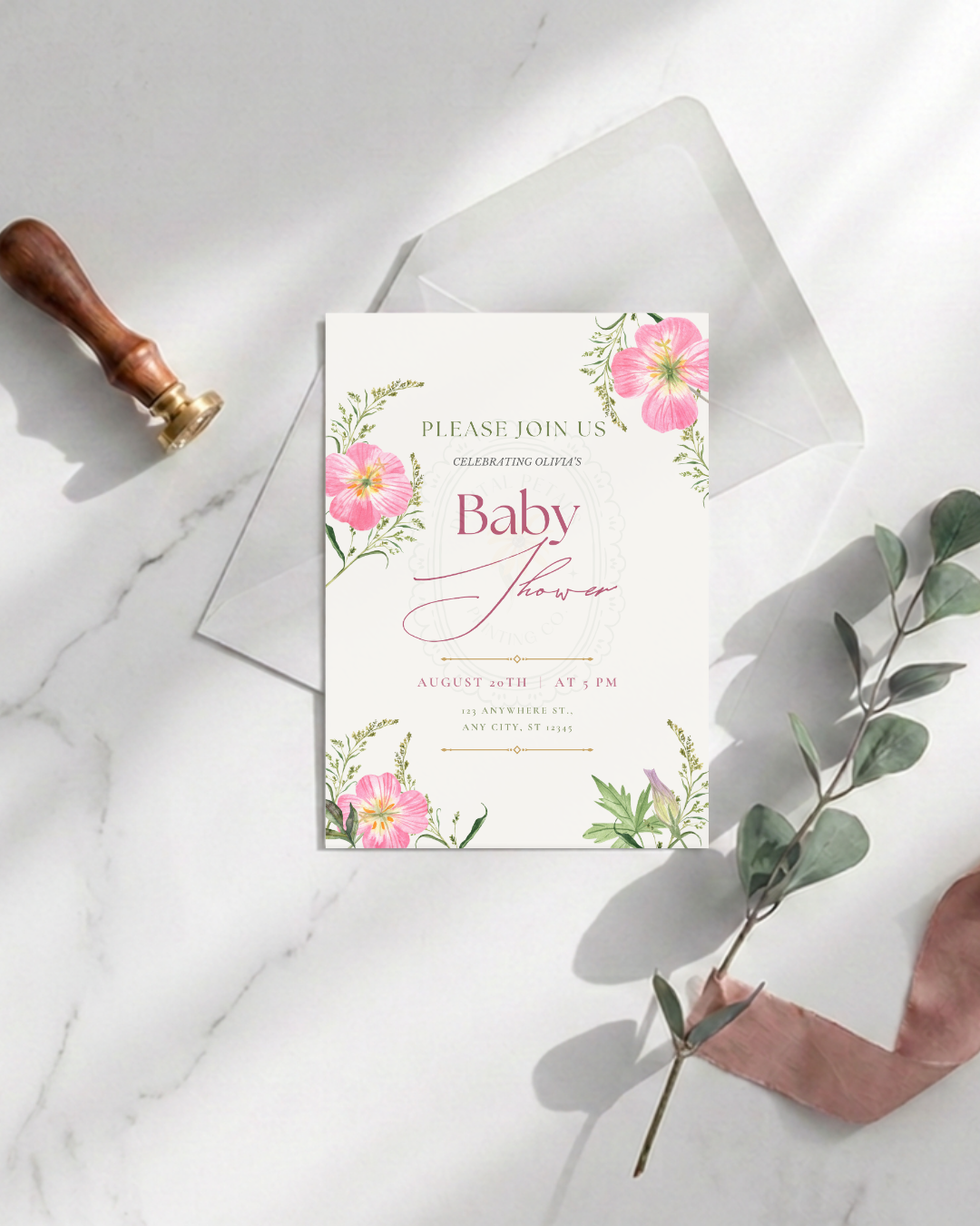 Pink Wildflower Baby Shower Invitation | Minimalist Printable Invite | Digital Download
