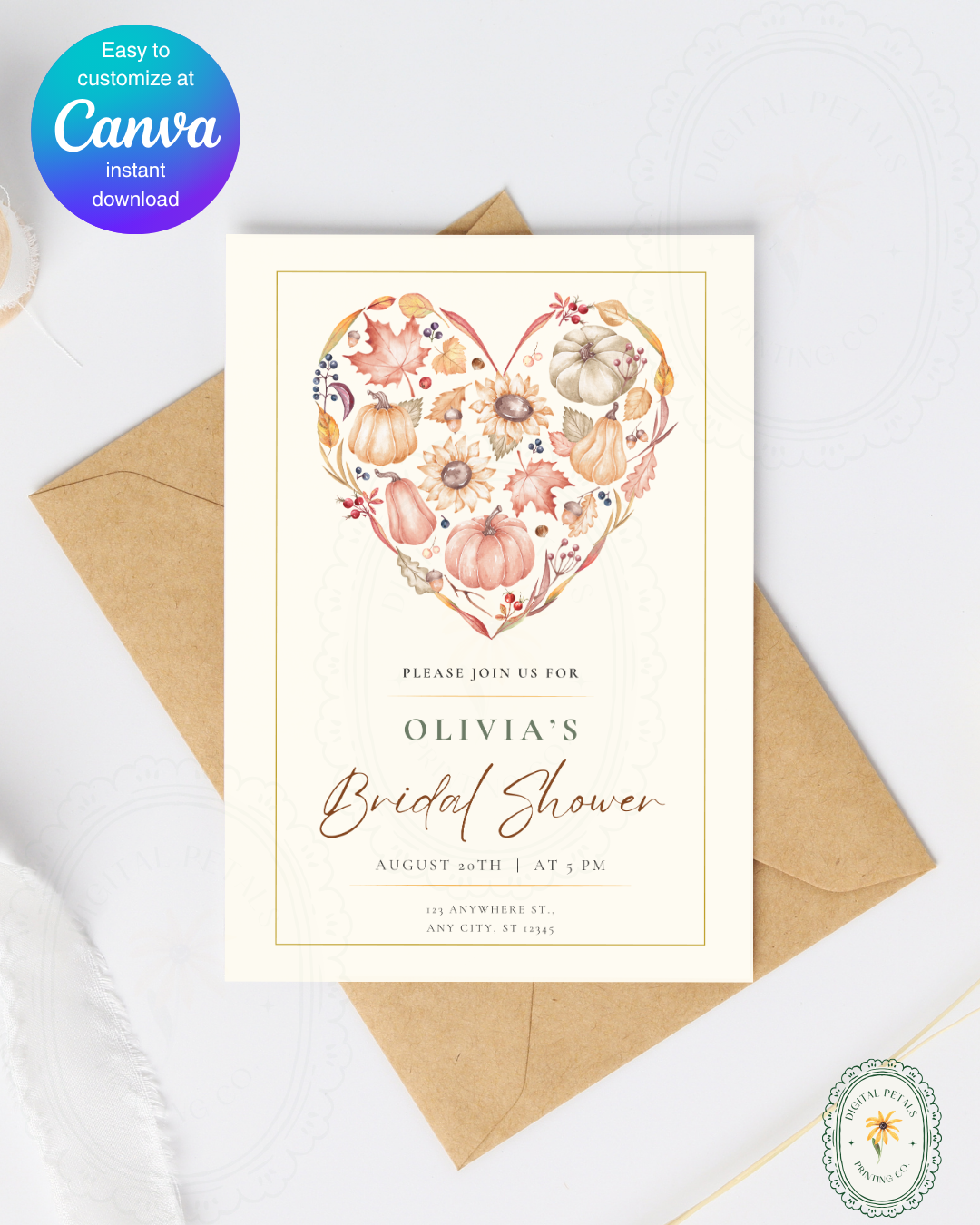 Terracotta & Rust Autumn Heart Bridal Shower Invitation | Printable Floral Invite | Digital Download