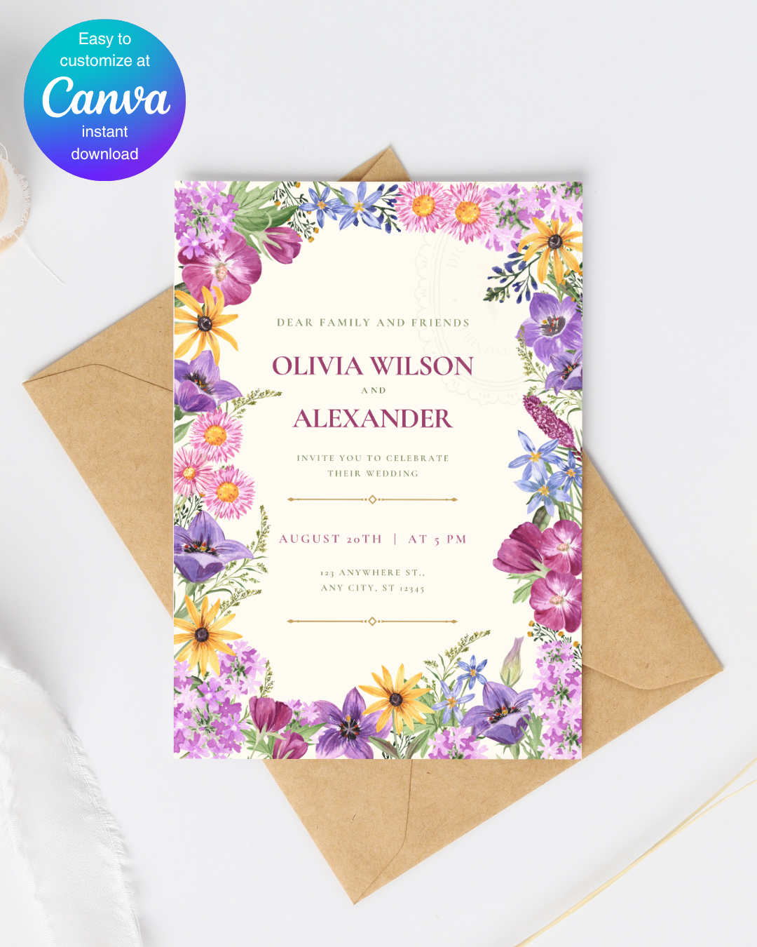 Wildflower Cottagecore Wedding Invitation Template | Editable Canva Design, Floral Botanical Spring