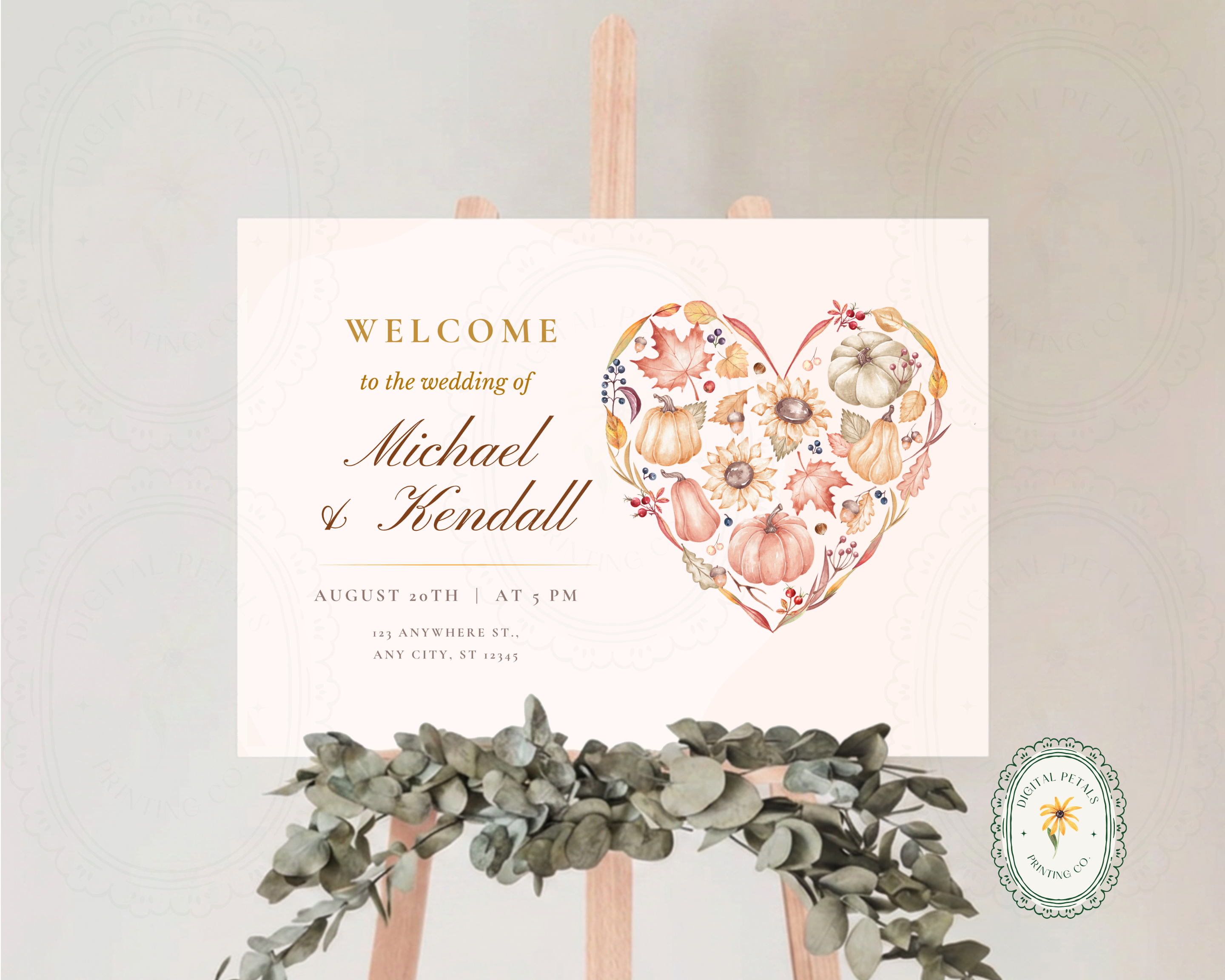Autumn Wedding Welcome Sign | Rustic Heart Floral Border | Editable Canva Digital Download | Print at Home