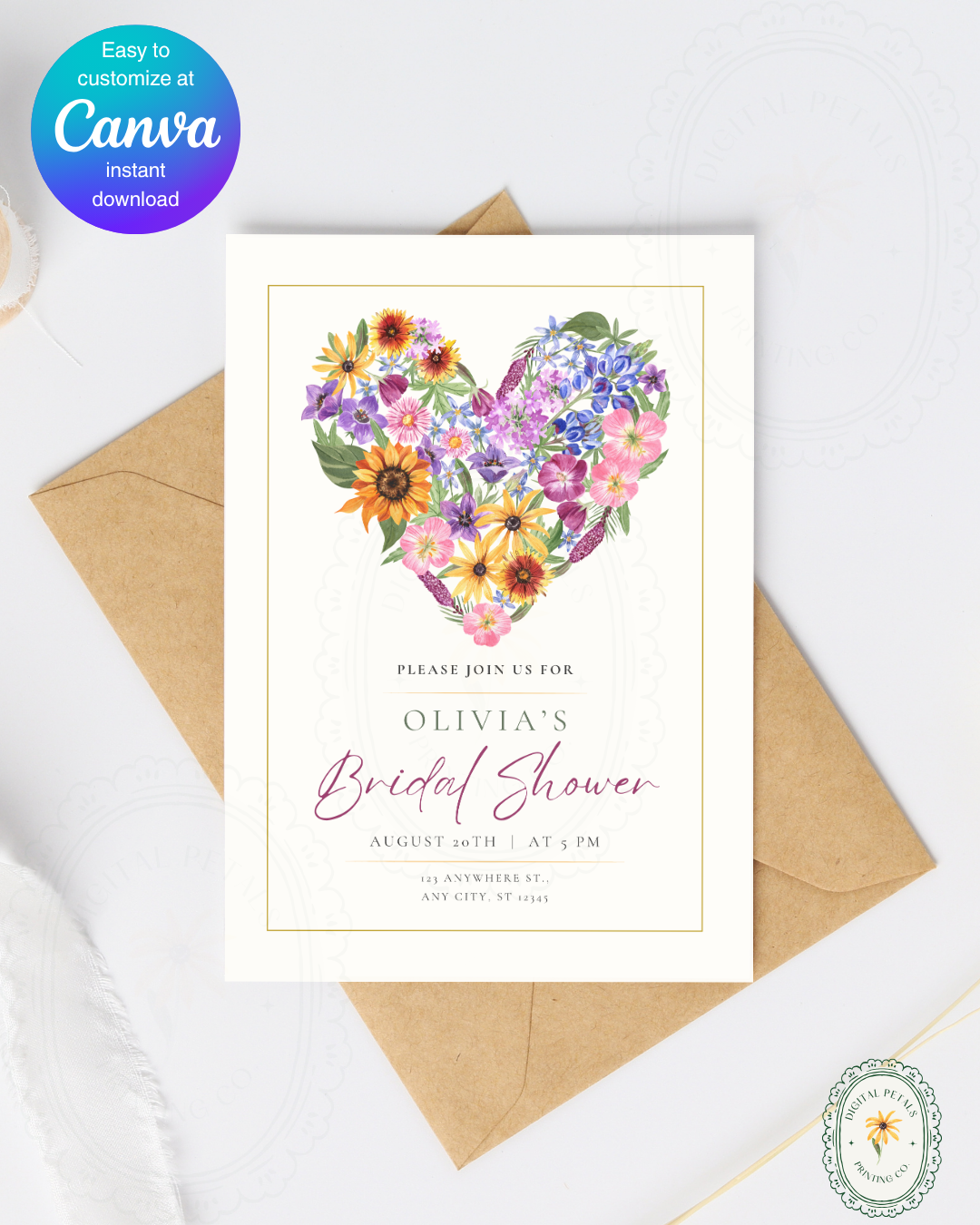 Boho Wildflower Heart Bridal Shower Invitation — Editable Digital Download Template