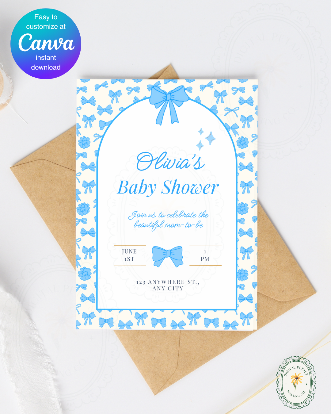 Baby Shower Invitation Template | Powder Blue Ribbons & Bows | Canva Editable