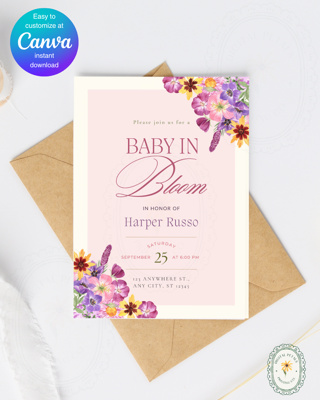 Baby in Bloom Baby Shower Invitation Template | Editable Canva Digital Download