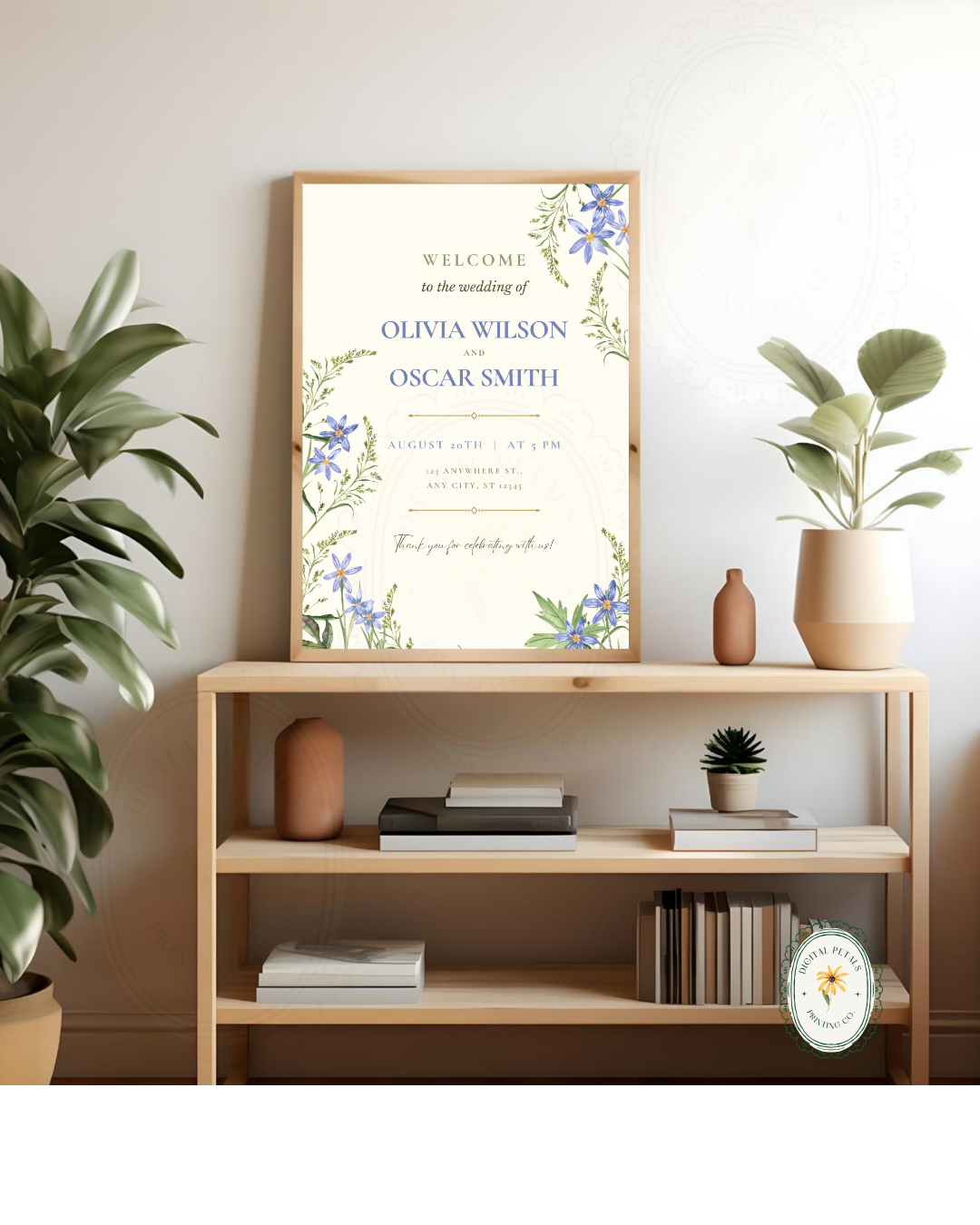 Powder Blue Wildflower Wedding Welcome Sign | Editable Canva Template | Digital Download