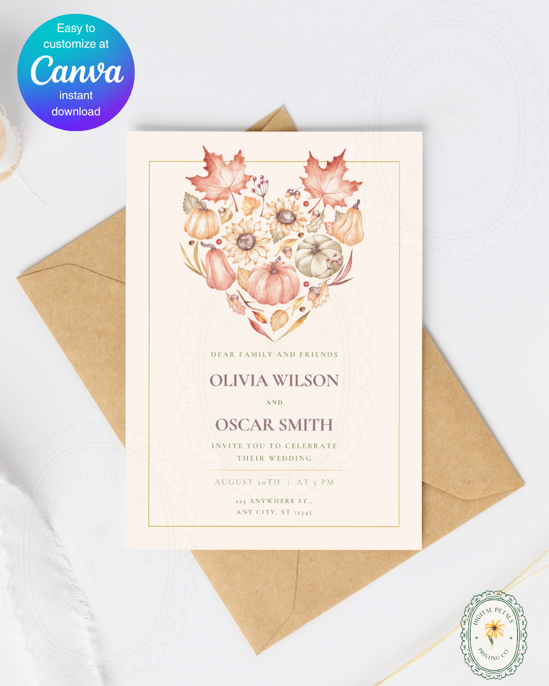Burgundy Fall Leaves Wedding Invitation Template | Editable Canva Digital Download