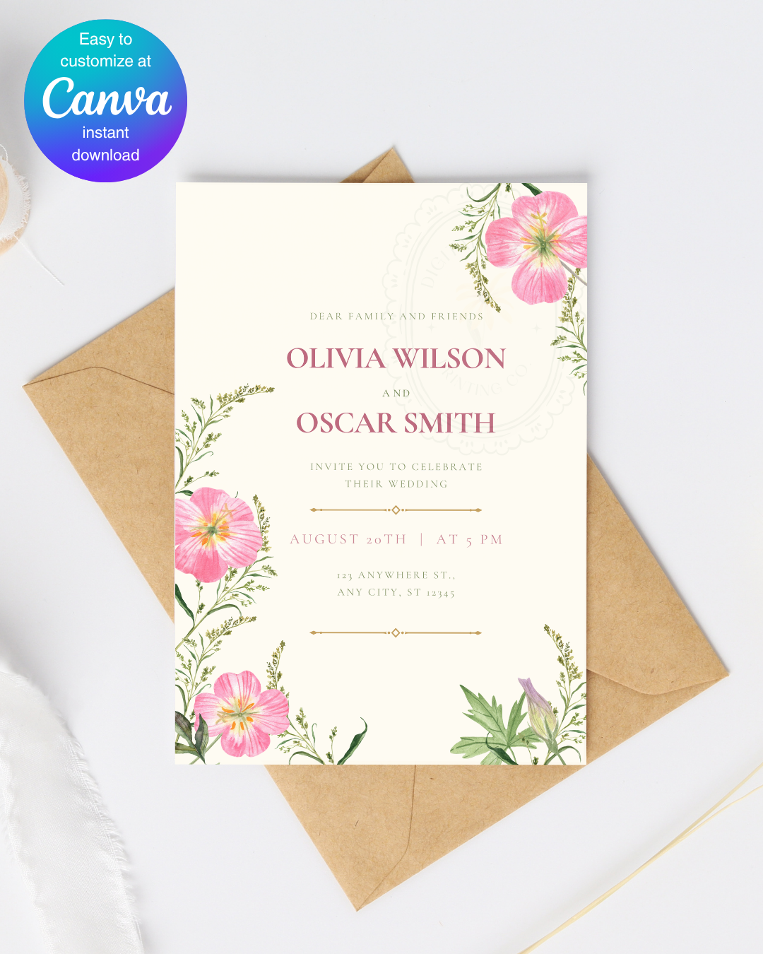 Dusty Rose & Blush Pink Primrose Wildflower Wedding Invitation | Minimalist Printable Invite | Digital Download