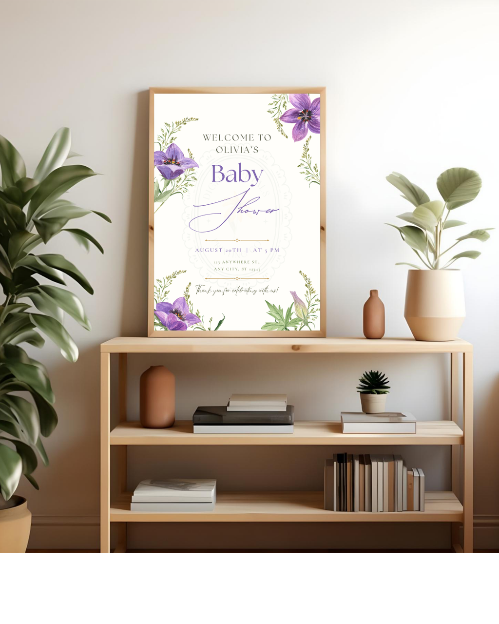 Violet Wildflower Baby Shower Welcome Sign | Editable Canva Template | Digital Download