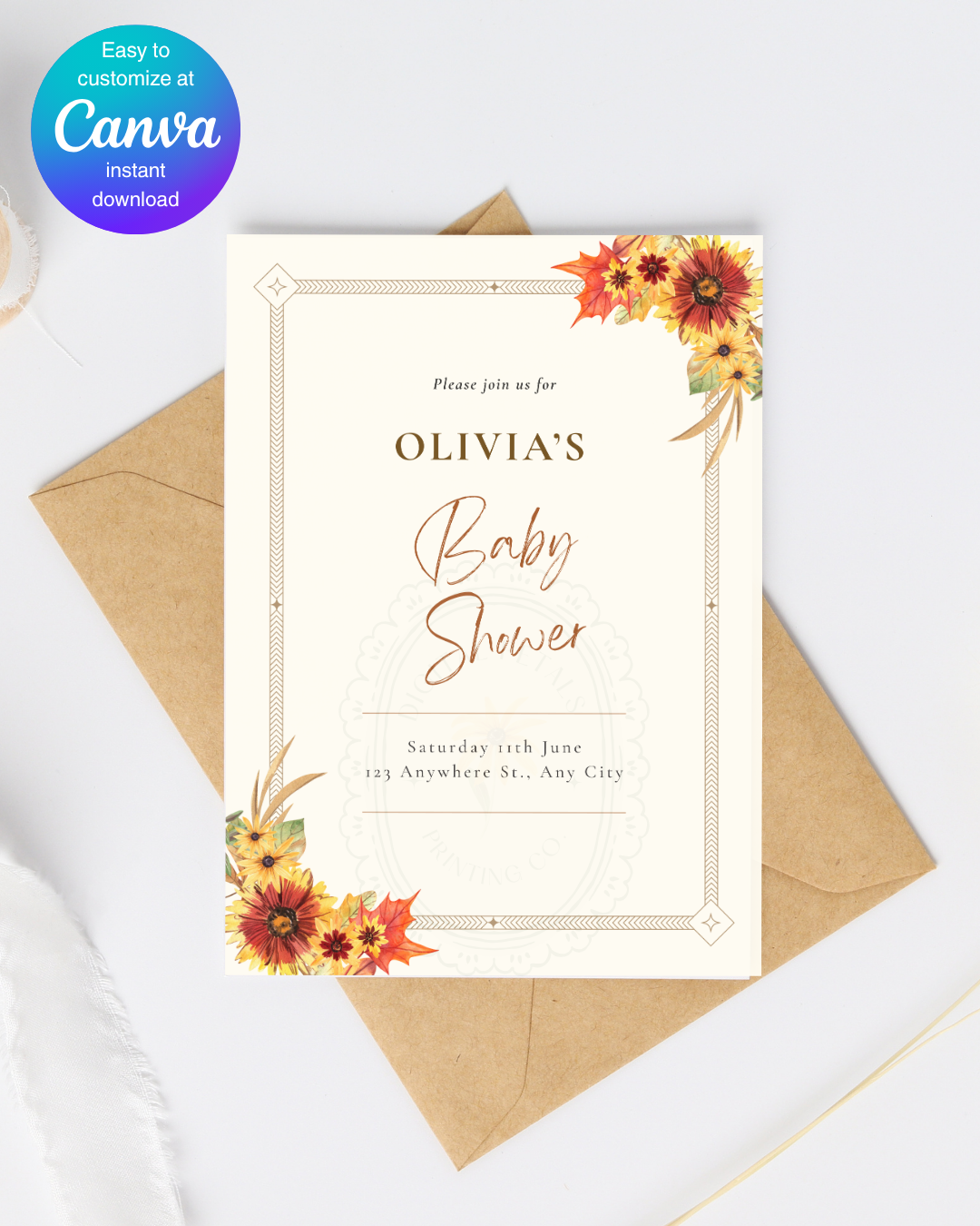Rustic Fall Wildflowers Baby Shower Invitation Template | Hand Painted Cottagecore Digital Download