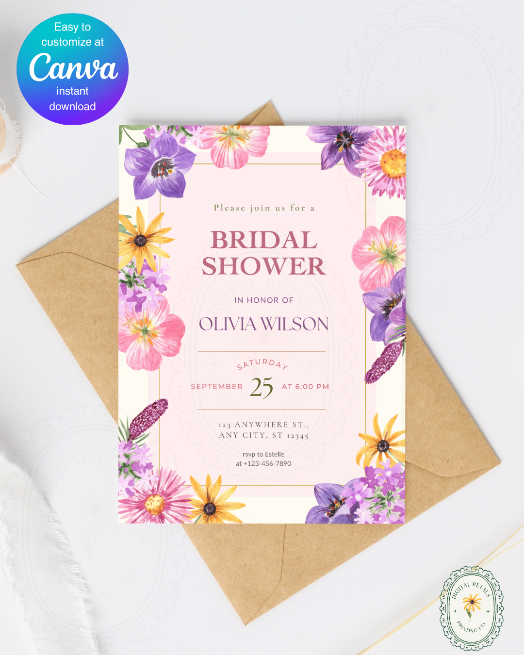 Wildflower Cottagecore Bridal Shower Invitation | Editable Canva Template, Floral Spring Botanical