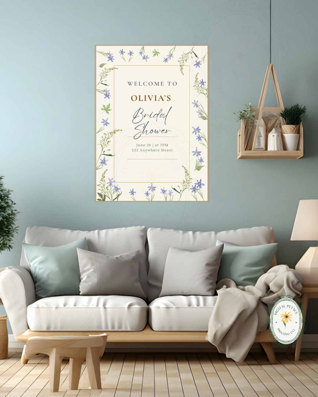 Dusty Blue Floral Botanical Bridal Shower Welcome Sign | Editable Canva Template | Digital Download